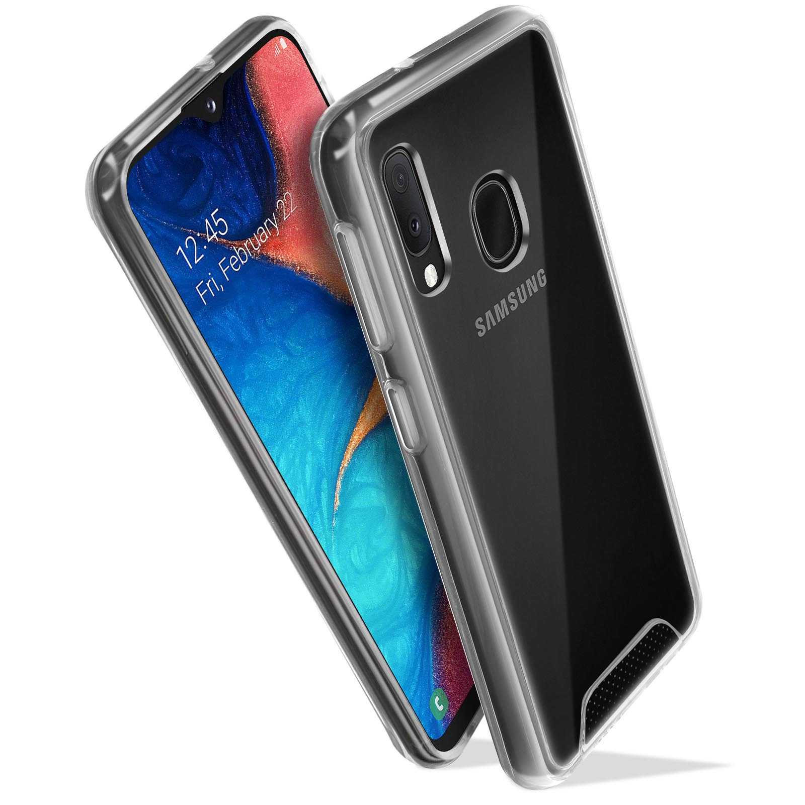 Custodia trasparente per telefono su un telefono Samsung. Il telefono mostra l'ora e la data. Angolato su sfondo bianco.