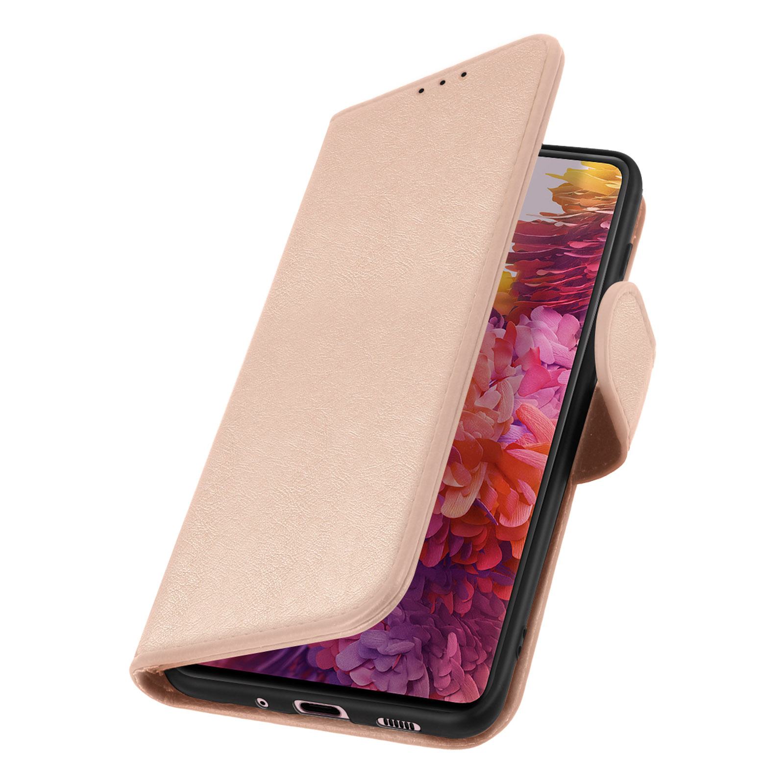 Un telefono con custodia a libro rosa. La custodia è aperta, rivelando lo schermo.