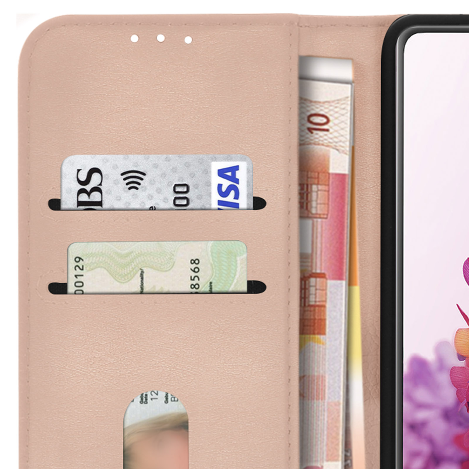 Custodia a portafoglio per telefono aperta, mostra carte e contanti. Carte: BS, Visa e banconota da 10 euro.