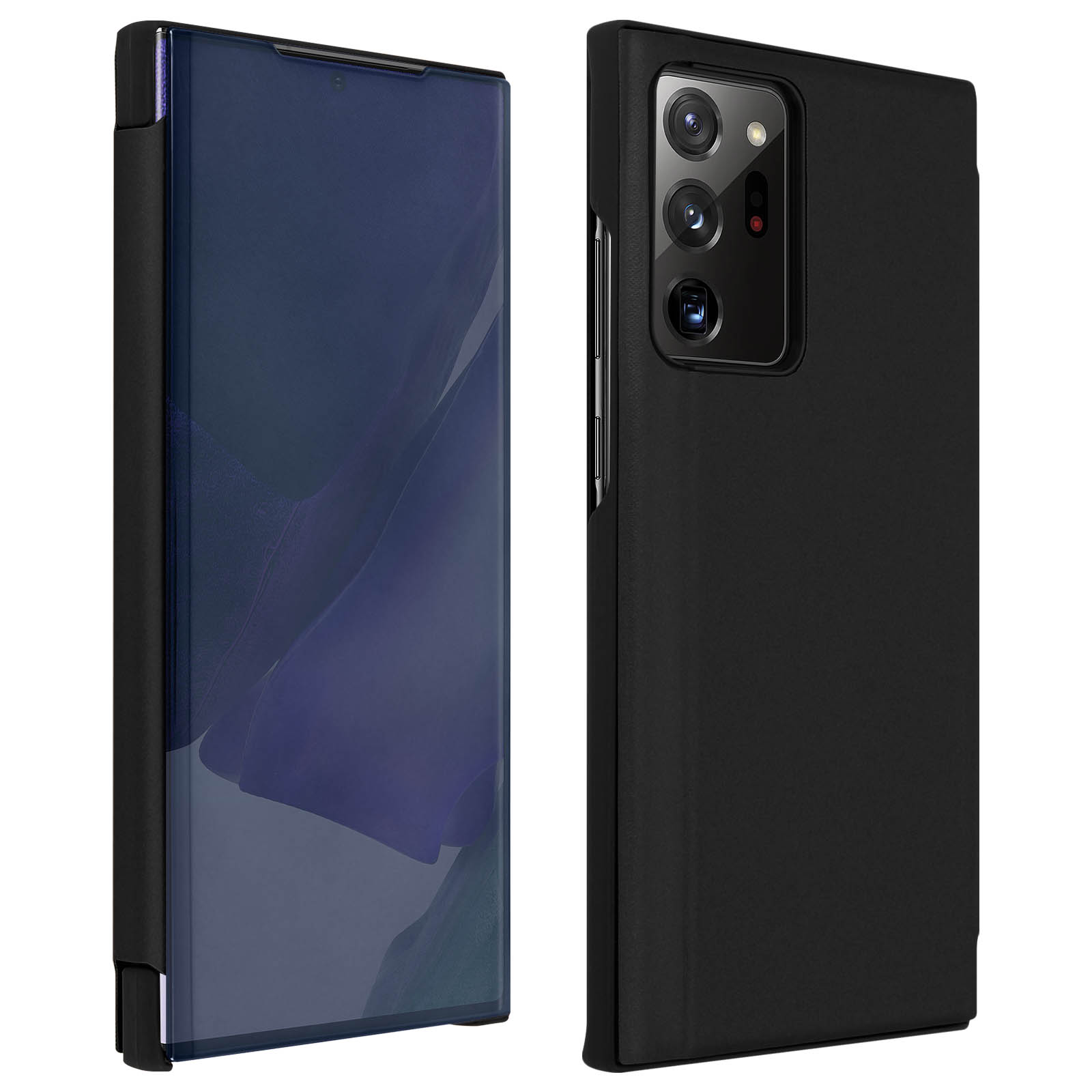 Custodia nera con copertura a specchio. Il telefono mostra schermo blu scuro.