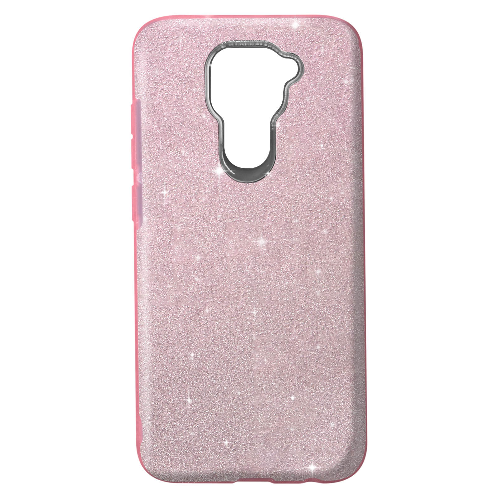 Custodia rosa glitterata per telefono. La custodia ha un foro per la fotocamera e i pulsanti.