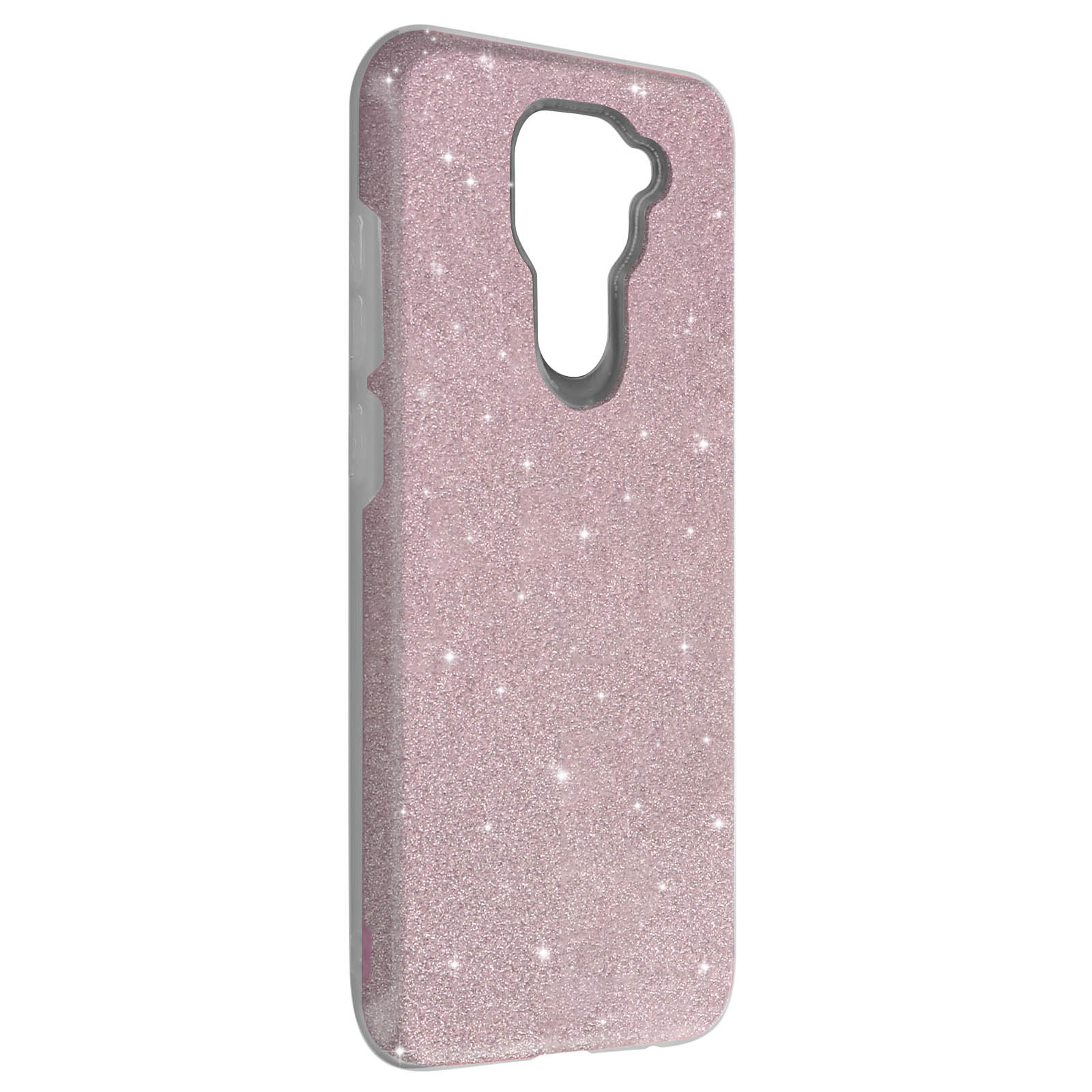 Una custodia per telefono rosa glitterata, con superficie glitterata, su sfondo bianco.