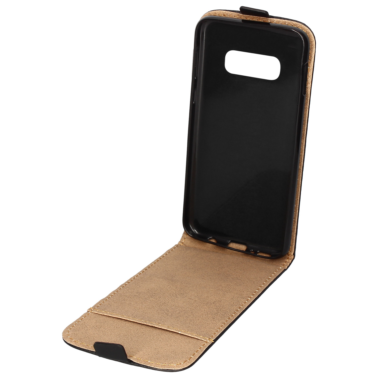 Una custodia per telefono nera aperta con interno beige.