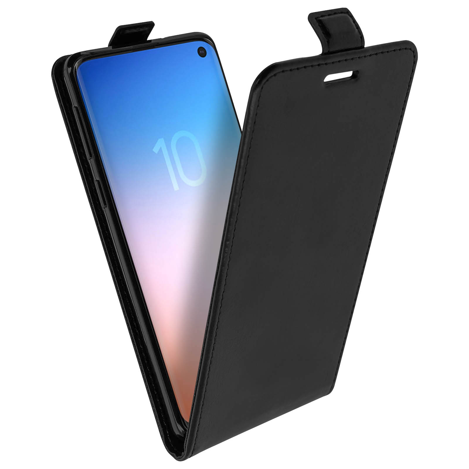 Custodia nera con smartphone aperto. Sfondo bianco.