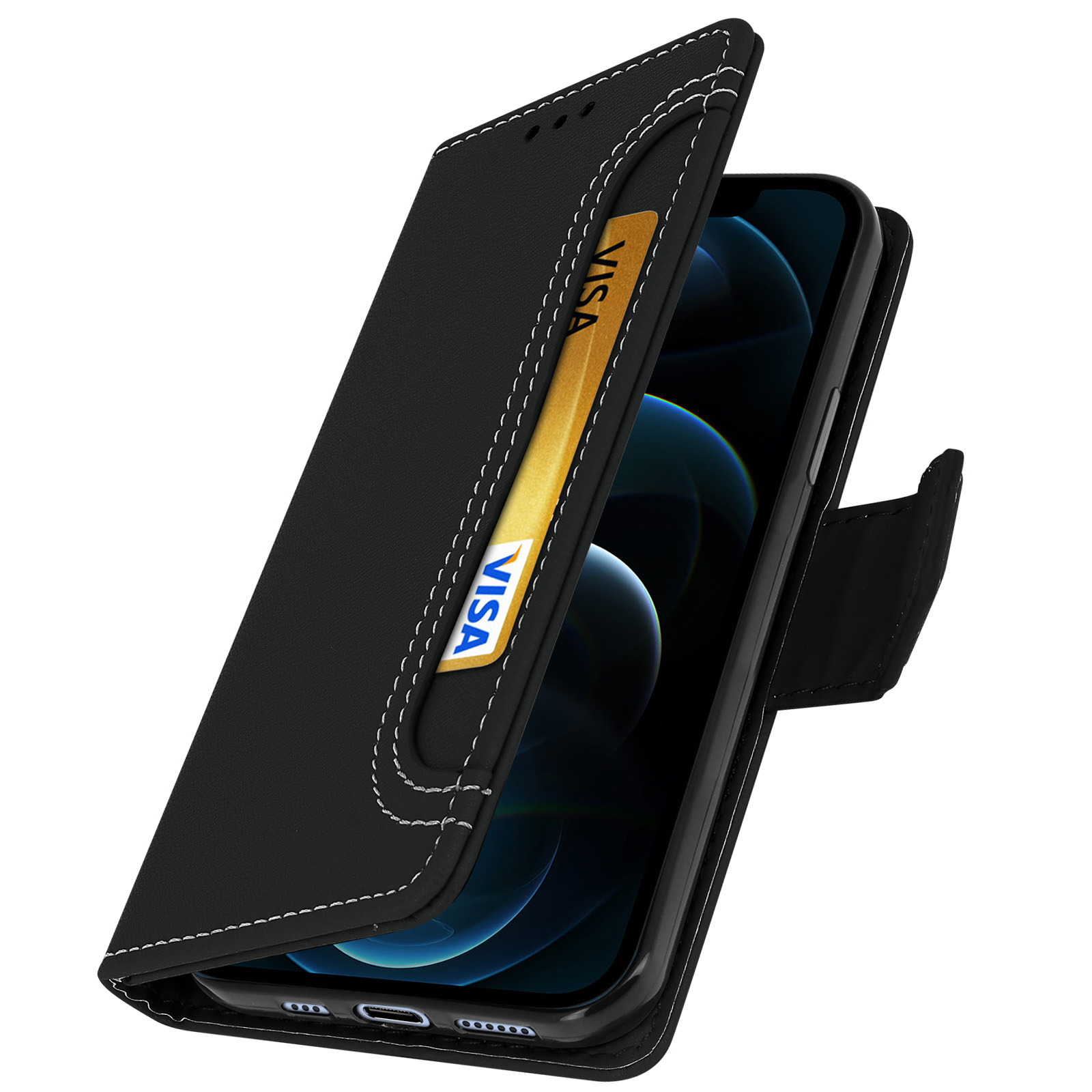 Zwarte telefoonhoes open, met gouden VISA-kaart en telefoon erin.