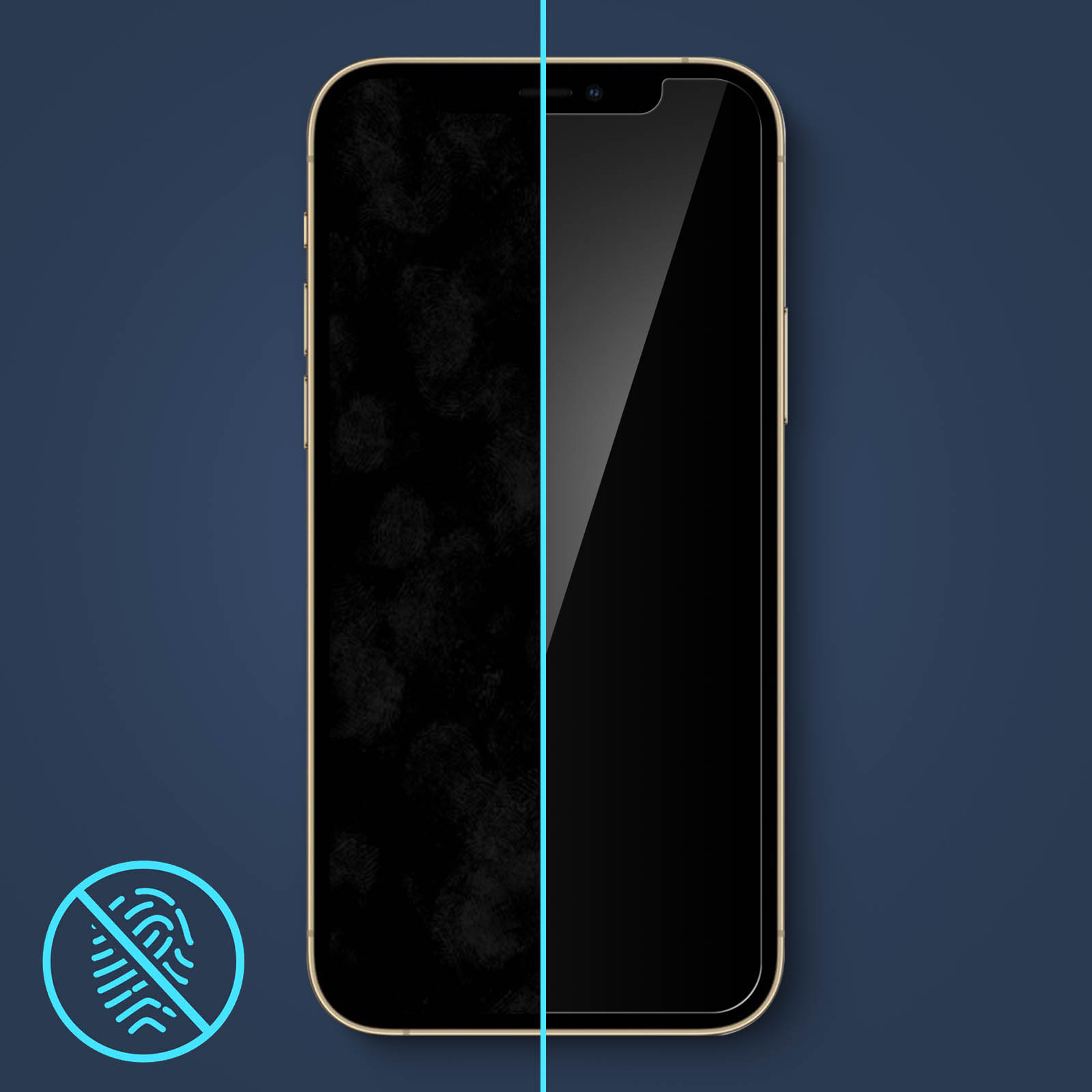 Una protezione per lo schermo, una metà coperta di impronte digitali, l'altra trasparente. Sfondo blu.
