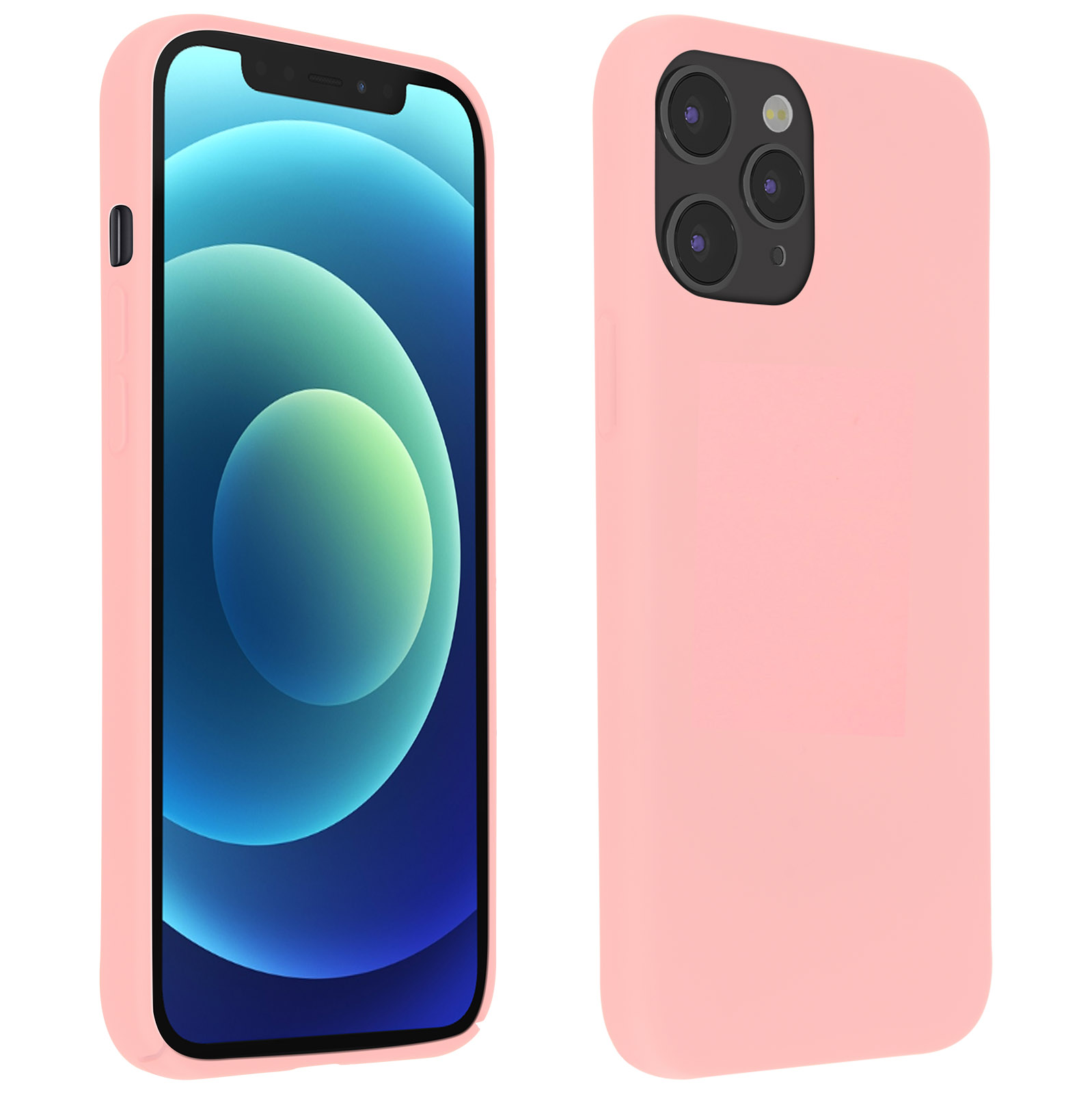 Roze telefoonhoesje en telefoon. De telefoon toont een blauwe gradiëntachtergrond.