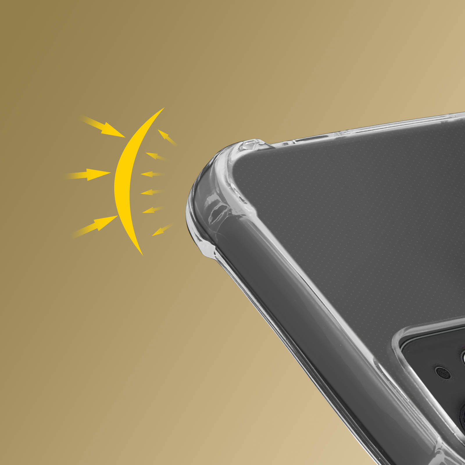 Custodia trasparente per telefono con effetto luce a forma di sole su sfondo oro.