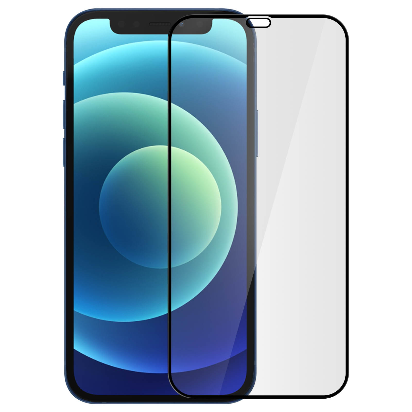 Uno smartphone blu con protezione schermo. Lo schermo mostra tonalità blu e verdi.