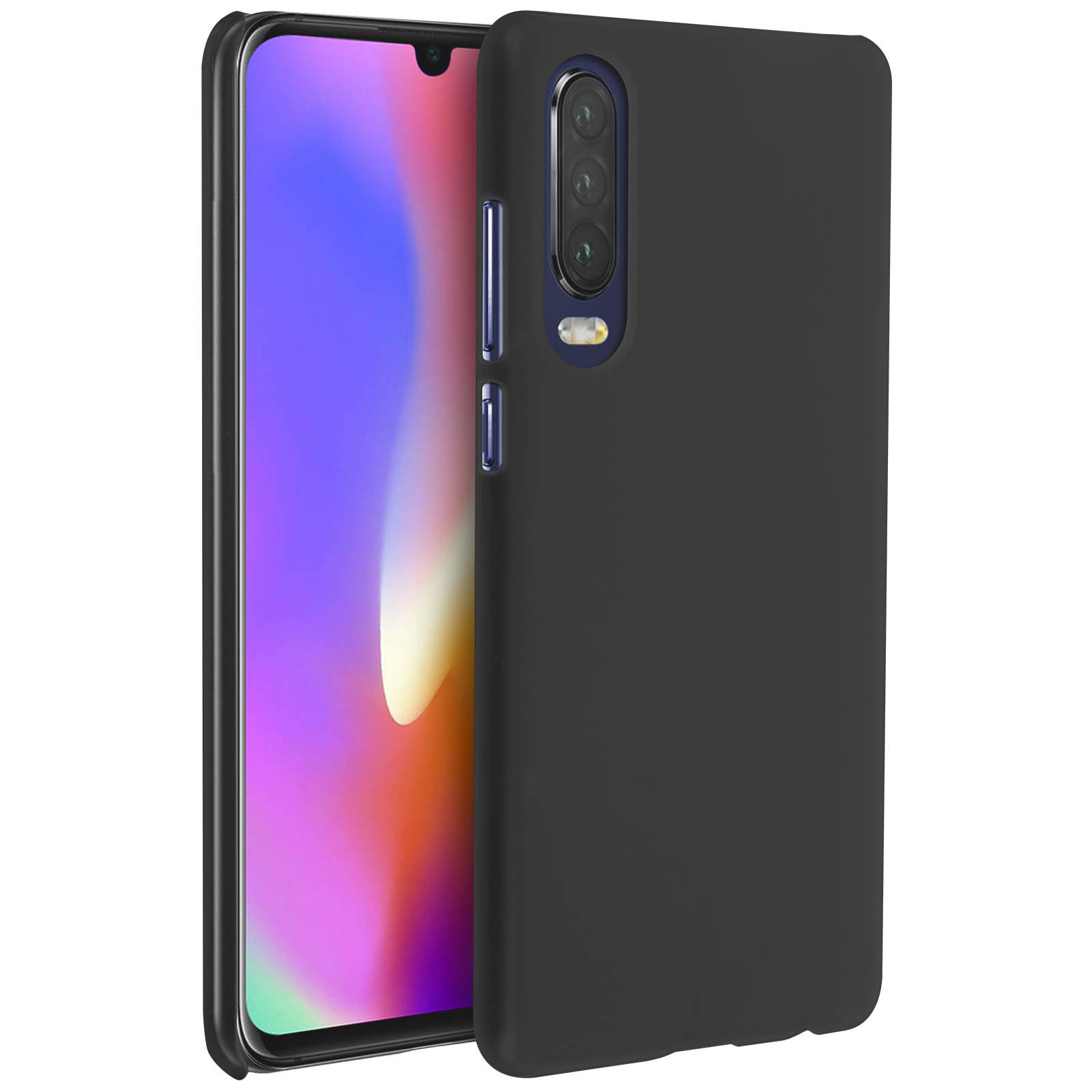Una custodia nera per telefono con uno smartphone all'interno. Lo schermo del telefono mostra un'immagine astratta colorata.