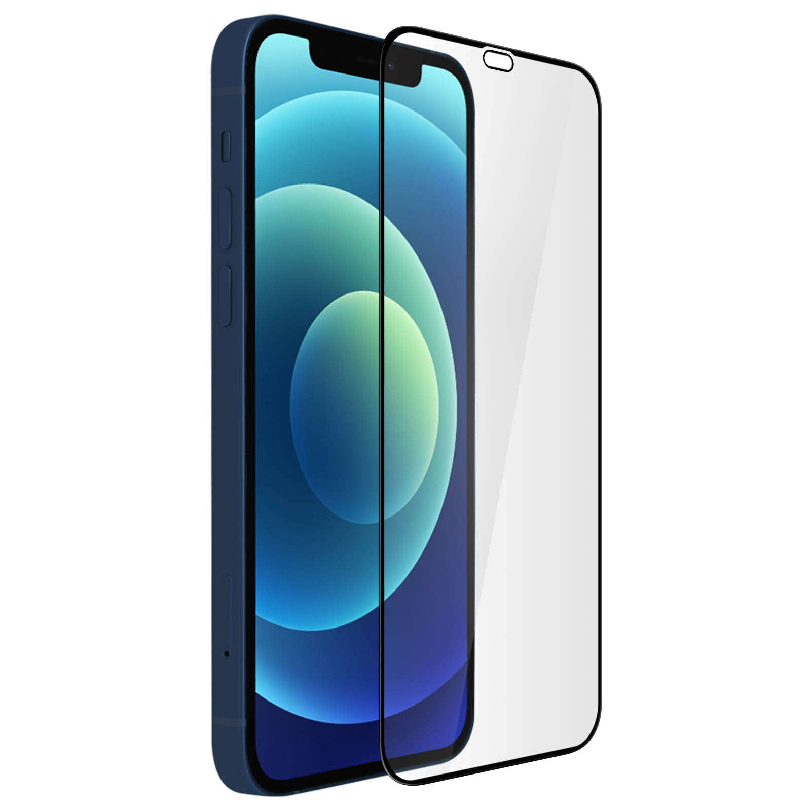 Un iPhone blu con una protezione schermo è mostrato su sfondo bianco. La protezione è trasparente.