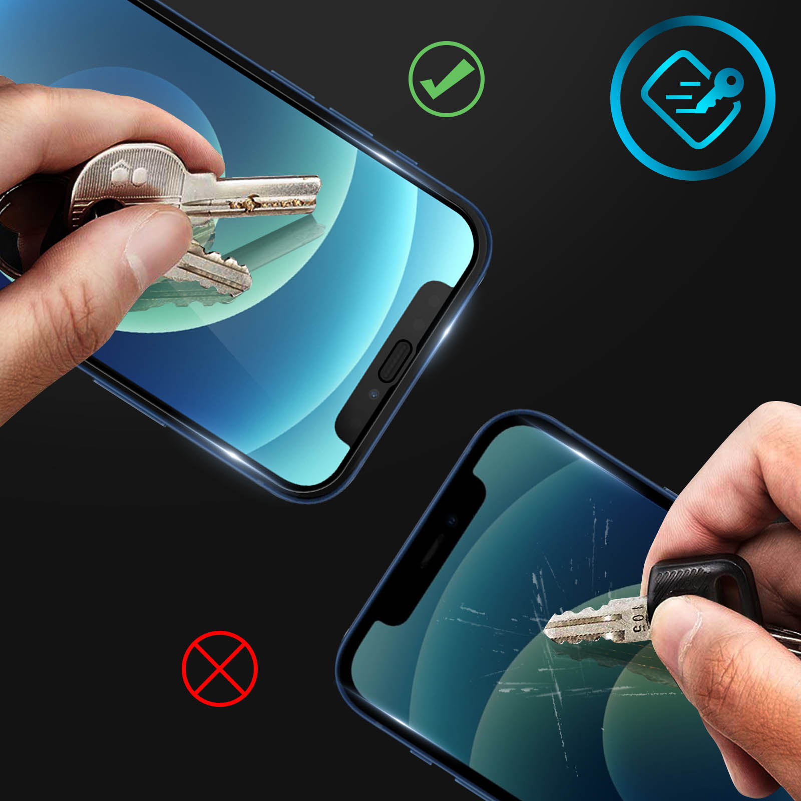 Mani che tengono chiavi sopra telefoni. Un telefono è graffiato, l'altro no. Le icone includono un segno di spunta e una chiave.