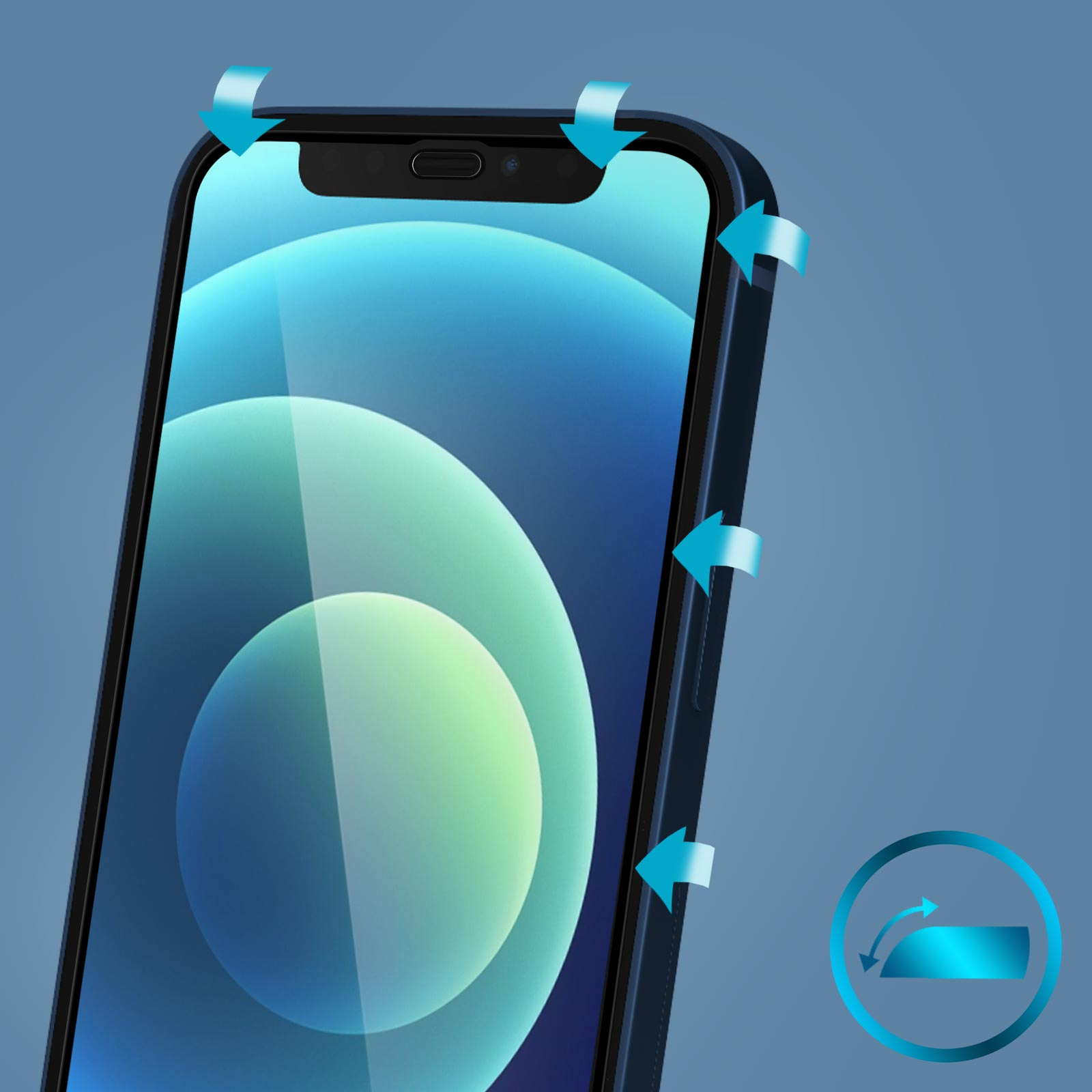 Uno smartphone con custodia blu, che mostra uno schermo con cerchi verdi e blu. Le frecce indicano le direzioni. Sfondo blu.