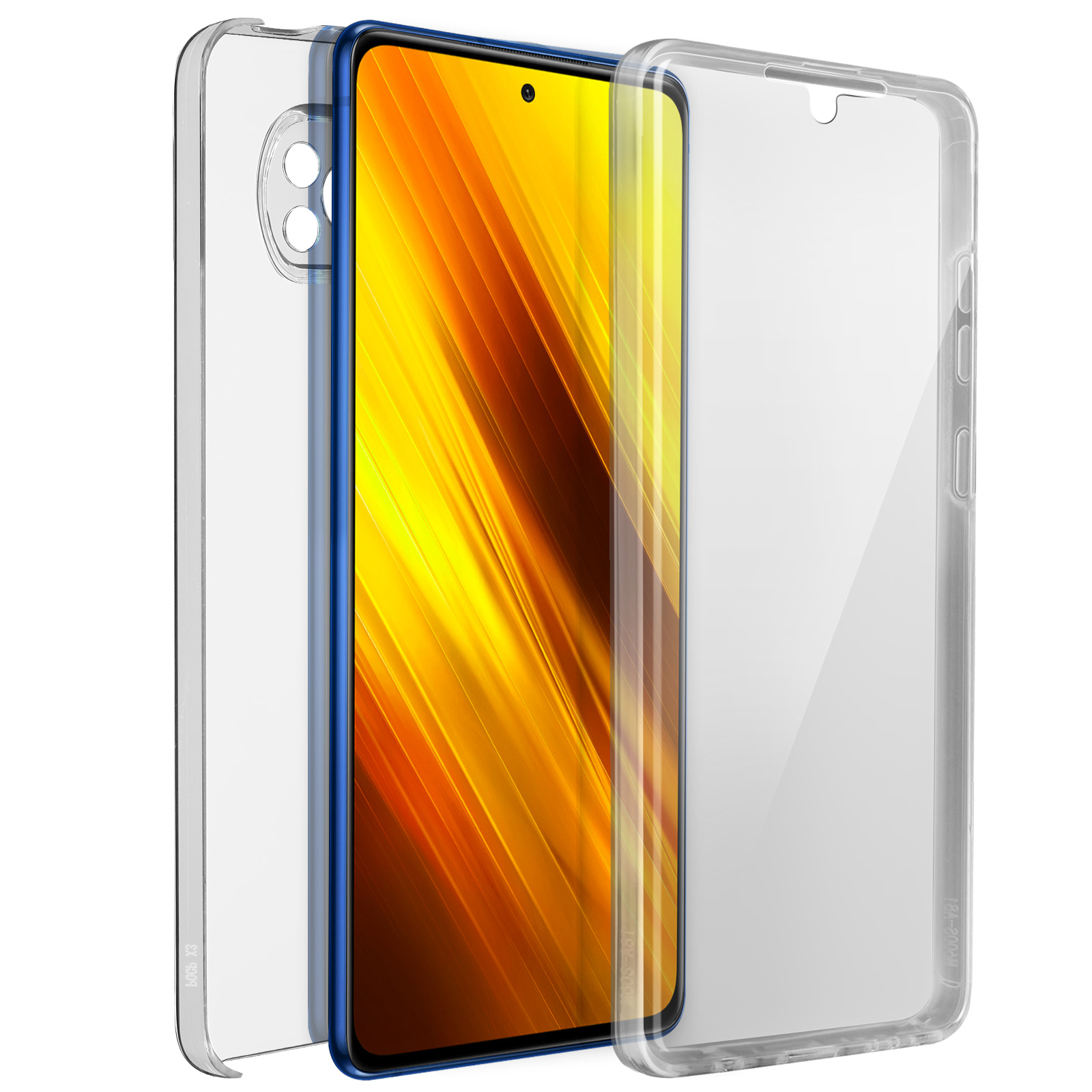 Un étui de téléphone en plastique transparent est présenté en trois parties : écran du téléphone et deux moitiés de l'étui.