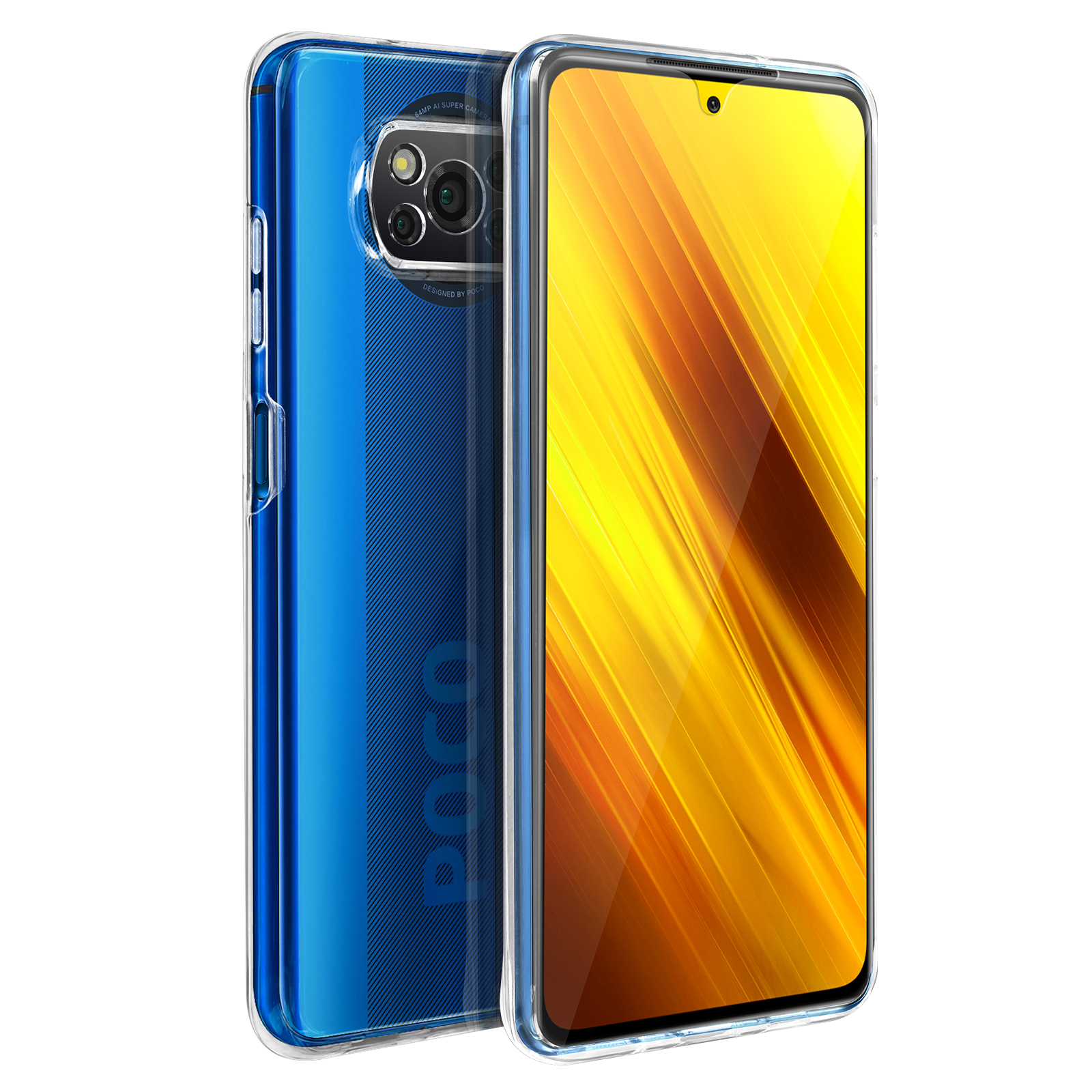 Un téléphone dans un étui transparent. Le téléphone est devant un fond blanc.
