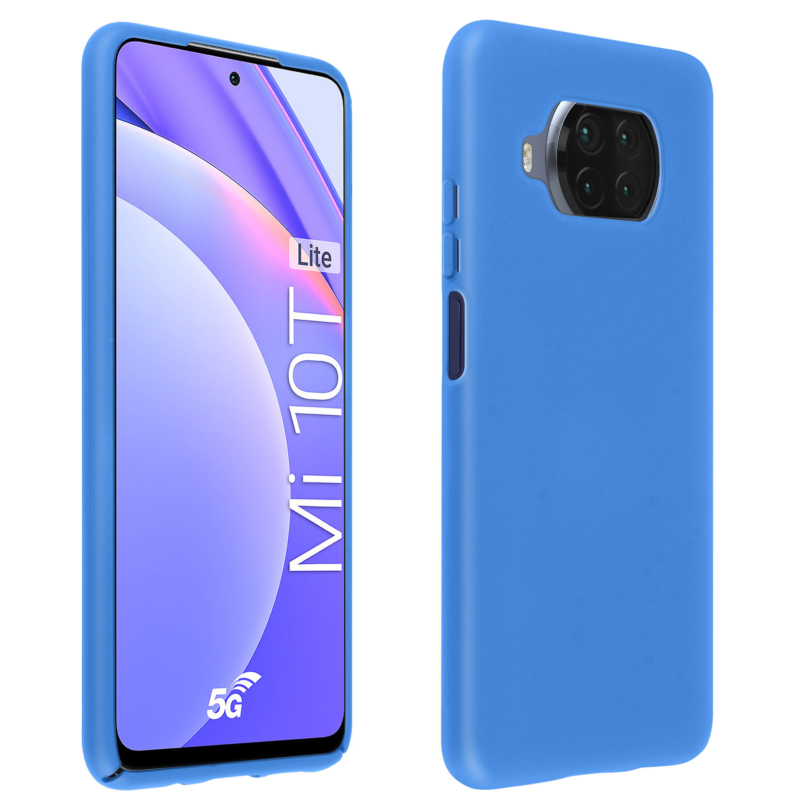 Custodia blu per telefono con telefono all'interno. Lo schermo mostra il Mi 10T Lite.