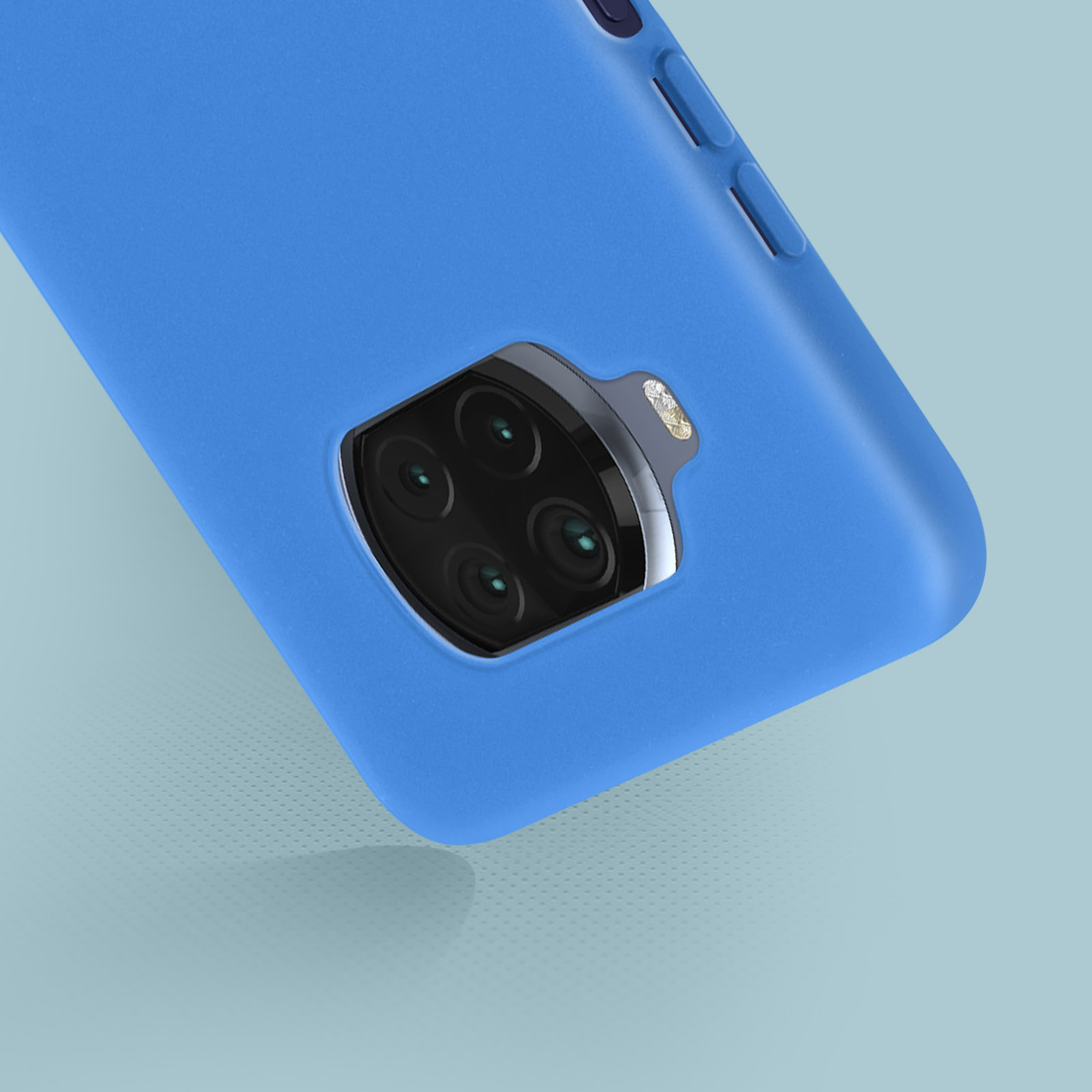 Una custodia blu con più lenti della fotocamera. Il telefono è blu.