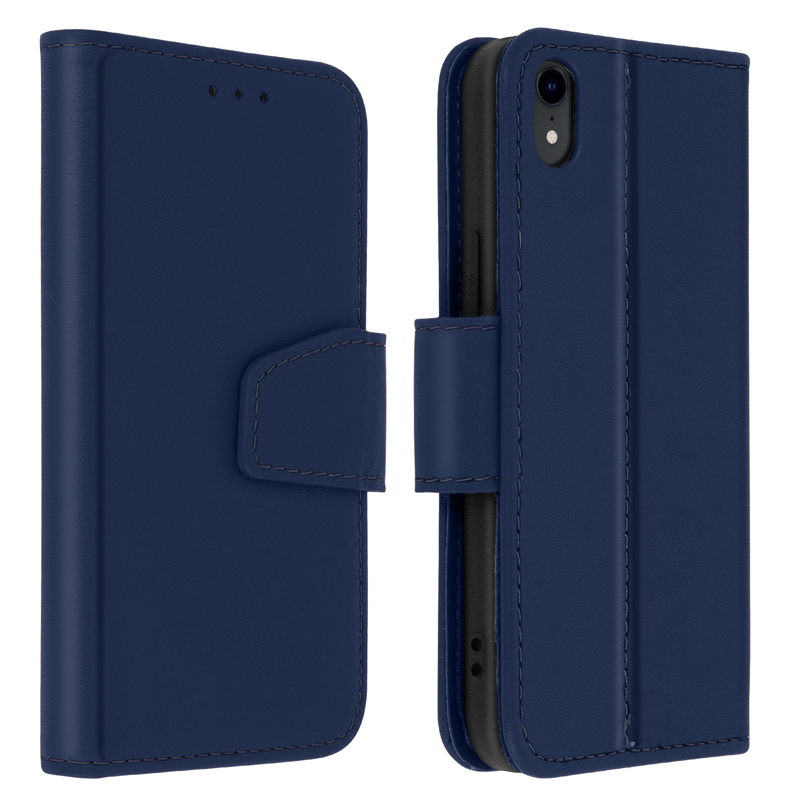 Custodia blu navy per telefono con cover a ribalta. La custodia è chiusa. Ha una chiusura magnetica.