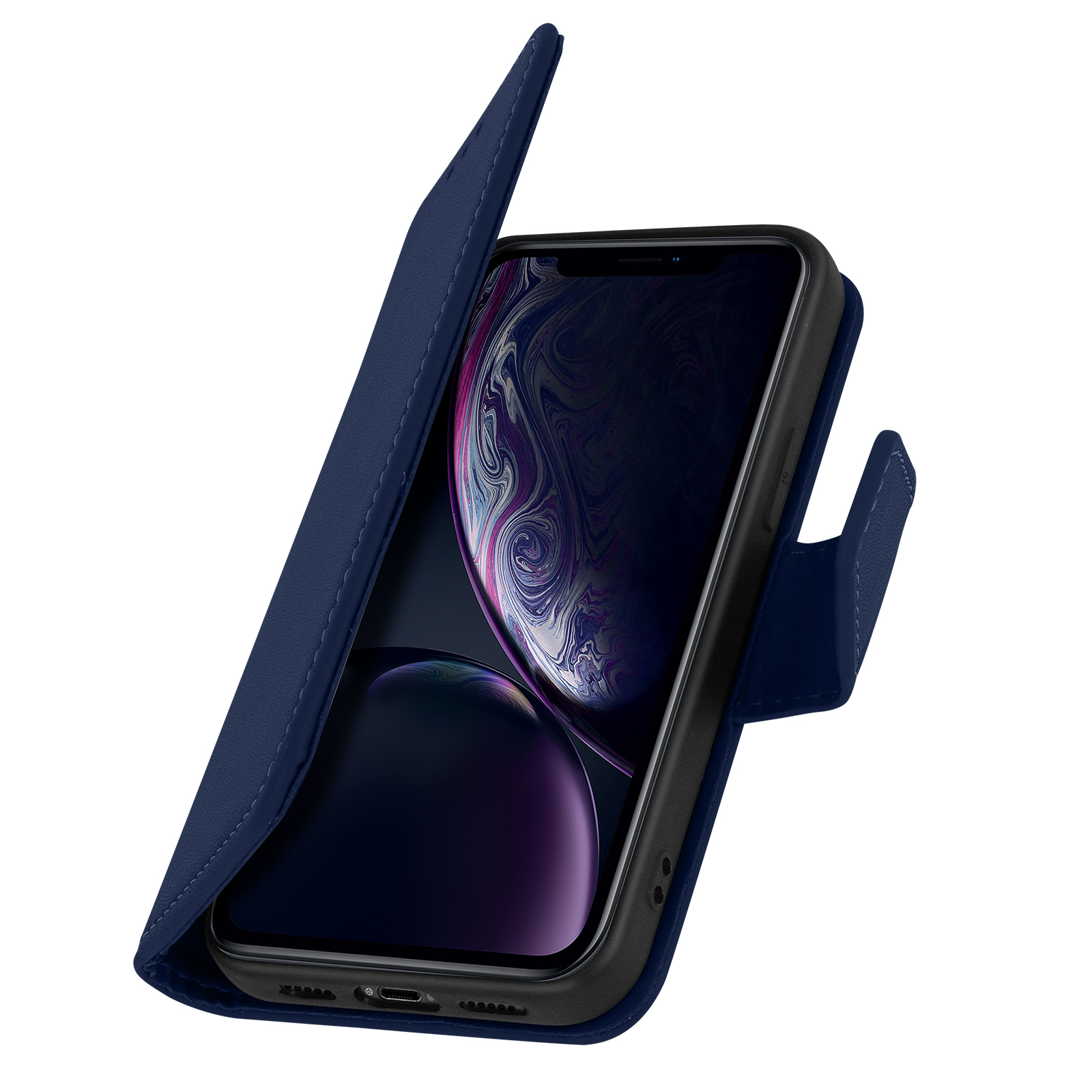 Una custodia per telefono blu navy è aperta, rivelando un telefono. Lo schermo mostra un'immagine.