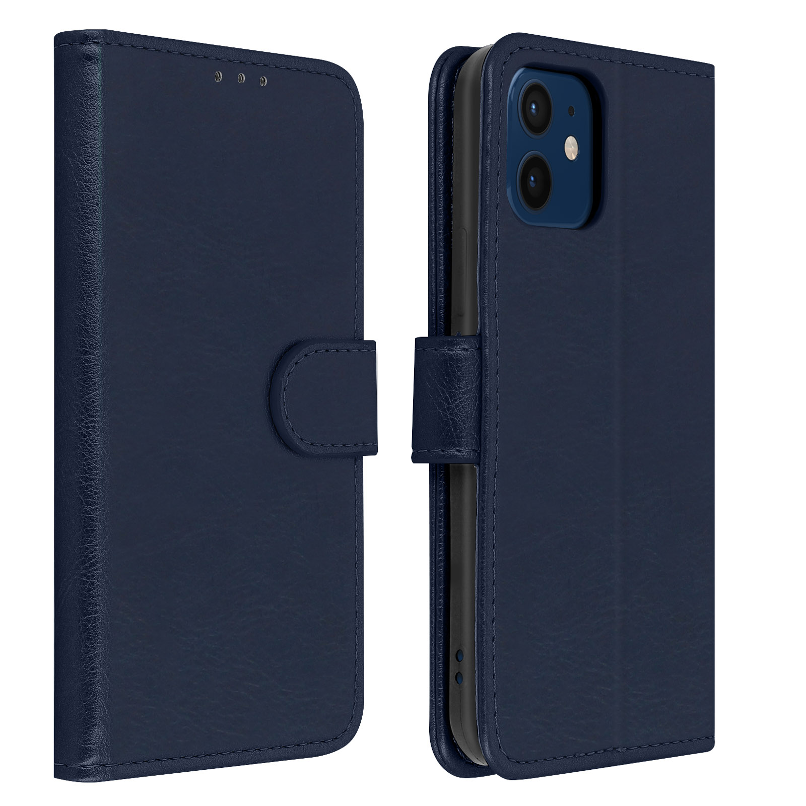 Marineblauwe telefoonhoes, gesloten en open. Het heeft een knoopsluiting. Telefoon is zichtbaar in de open hoes.