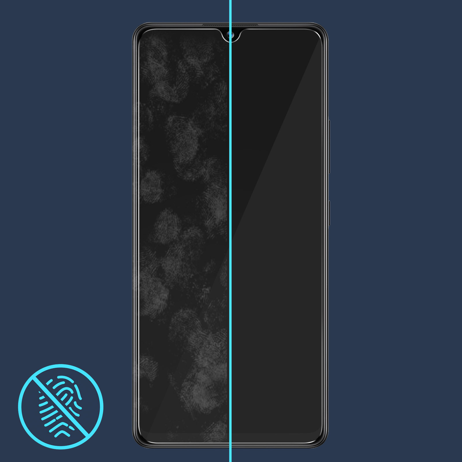 Proteggi schermo del telefono, che mostra uno schermo con e senza impronte digitali. Un'icona blu dell'impronta digitale in basso.
