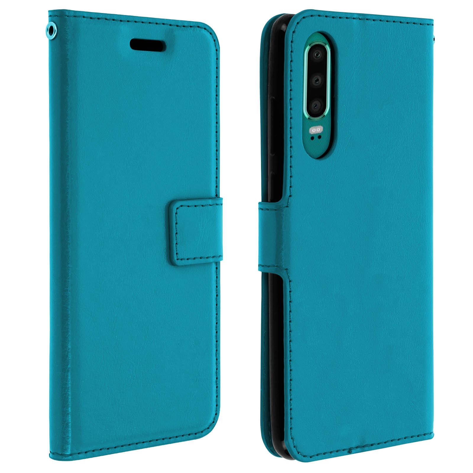 Una custodia per telefono in pelle turchese, stile portafoglio, con chiusura magnetica. La custodia è aperta.