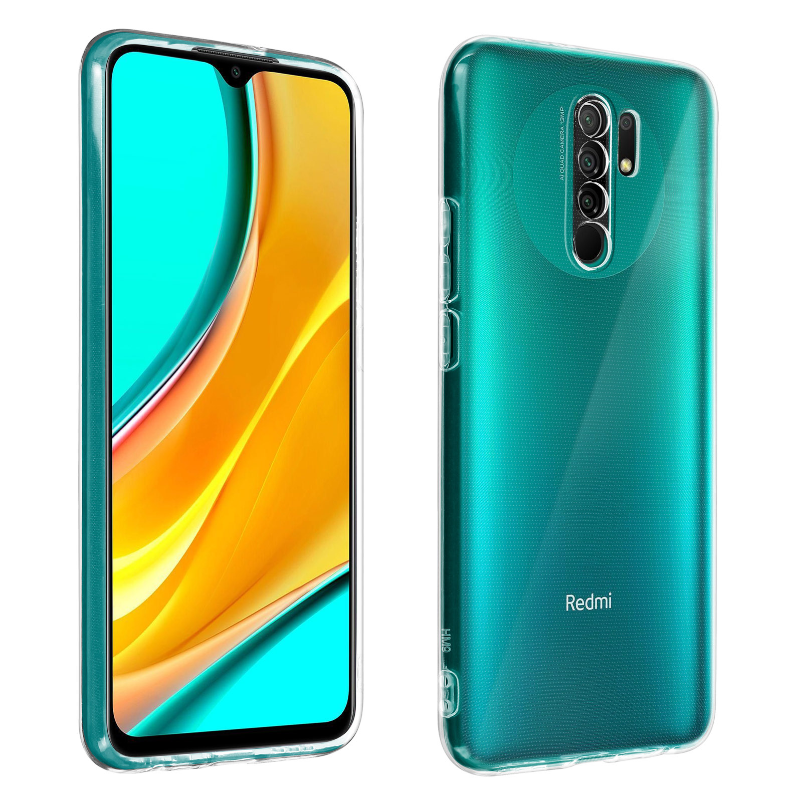 Een teal telefoonhoesje met een telefoon erin. De achterkant van het telefoonhoesje is zichtbaar.