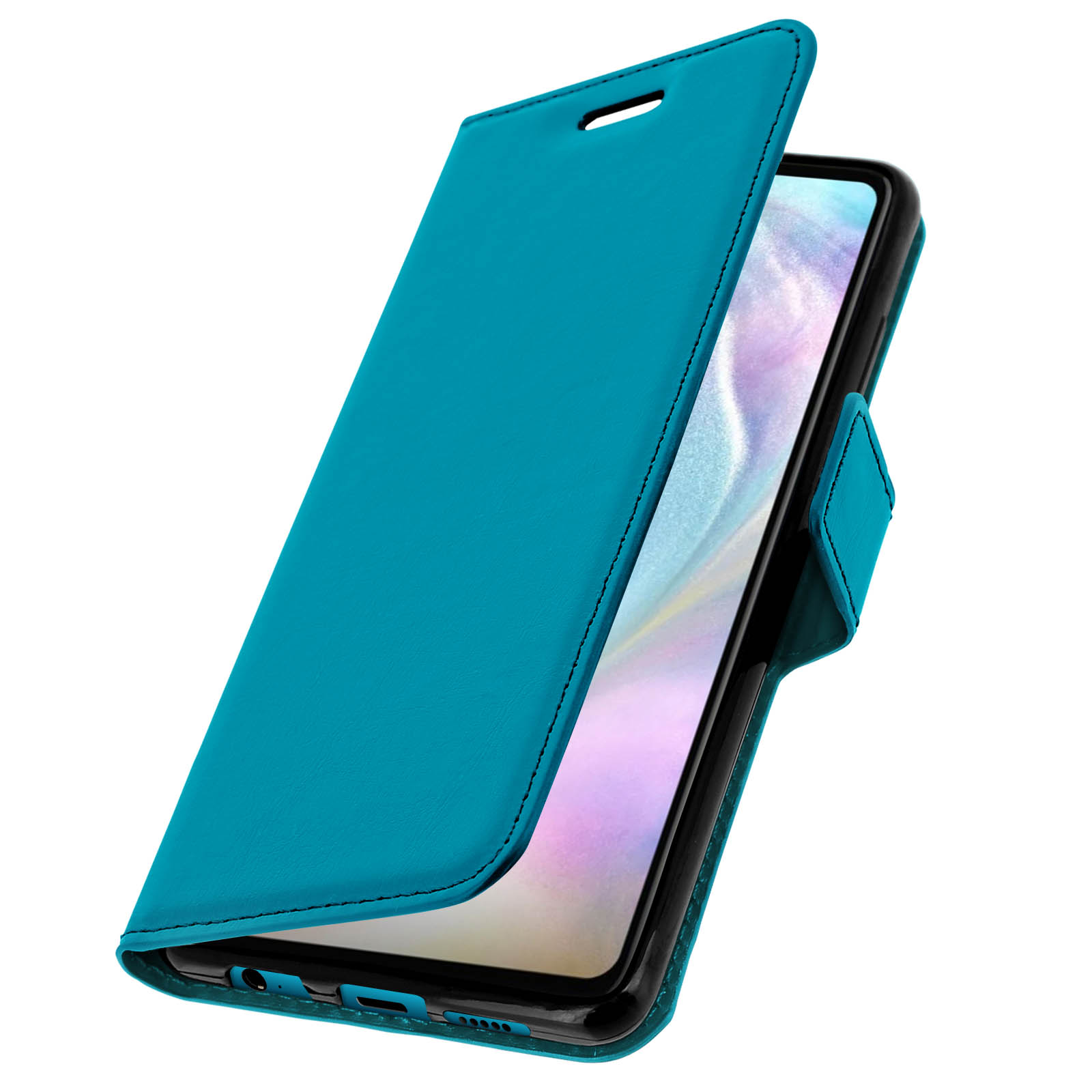 Un telefono in una custodia verde acqua, tenuto aperto. L'interno della custodia è nero.
