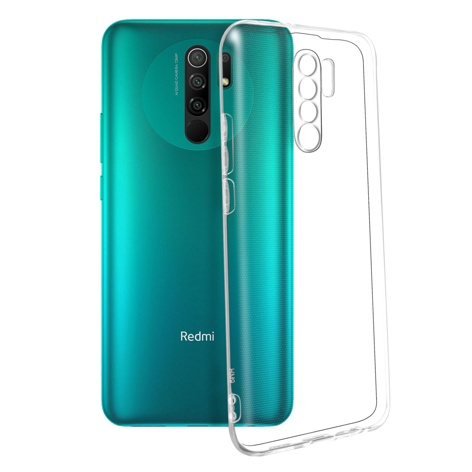 Blauwe telefoon met doorzichtige hoes. De camera zit aan de achterkant.