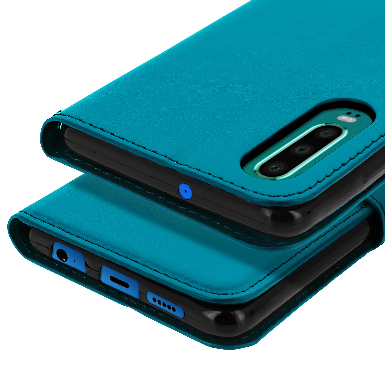 Custodia per telefono verde acqua, aperta, che mostra un telefono. La custodia e il telefono hanno lenti della fotocamera e porte. Interno nero.