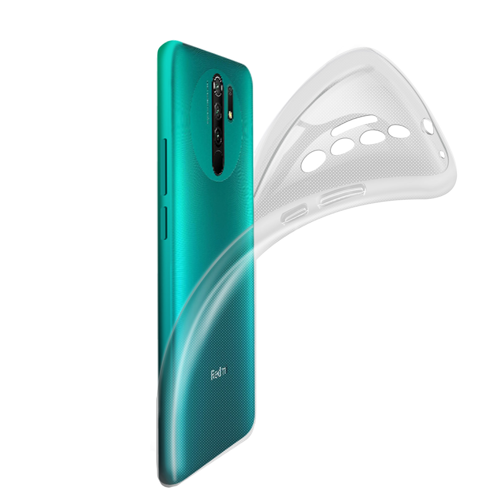 Een turquoise telefoonhoesje met een transparante overlay. Het staat op een witte achtergrond.