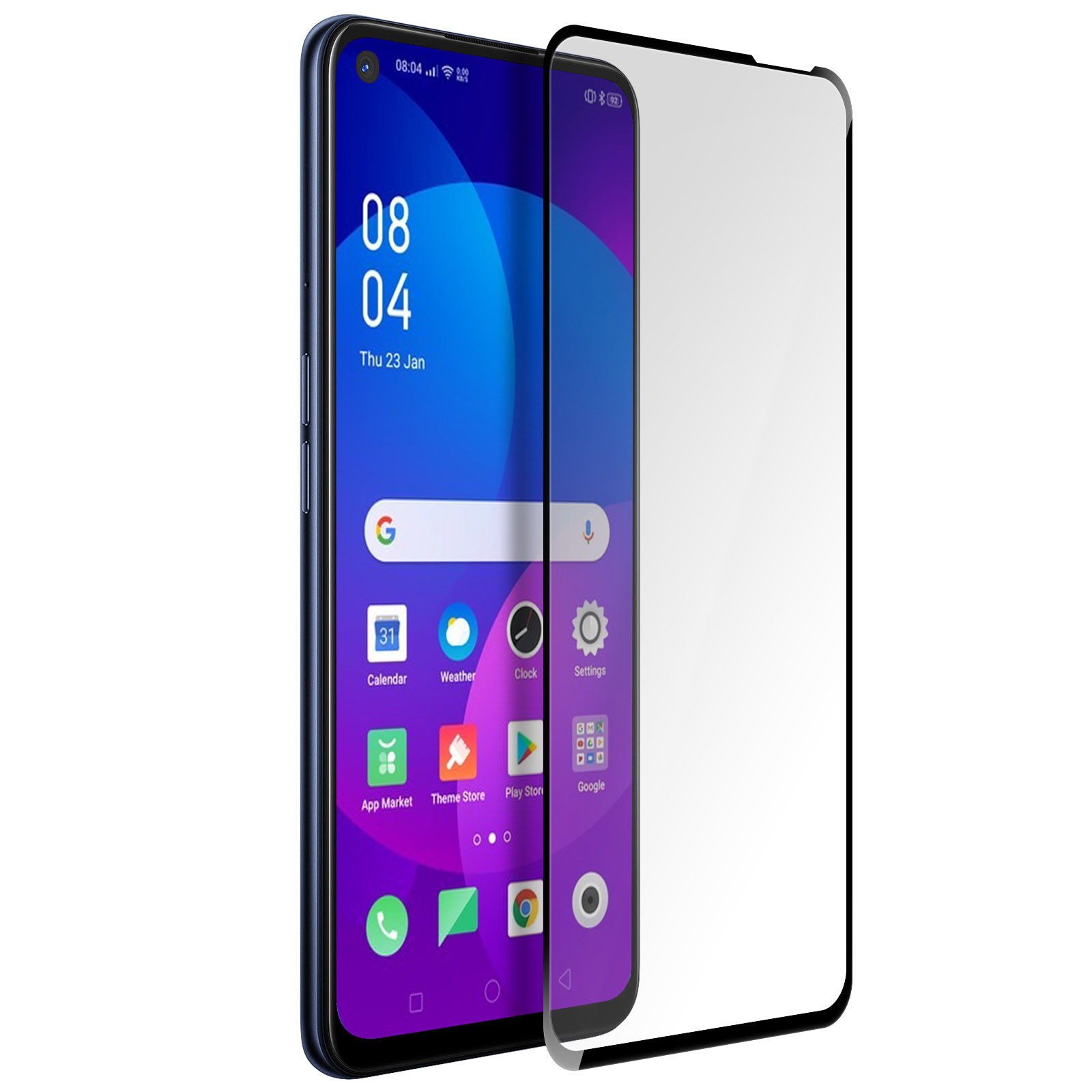 Uno smartphone con protezione schermo. Lo schermo mostra ora, data e icone delle app. Il telefono è blu.