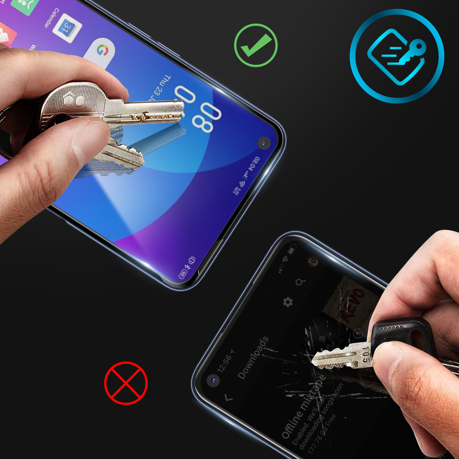 Mani che tengono chiavi su due smartphone. Uno schermo mostra un'icona a forma di chiave, l'altro è rotto con una chiave.