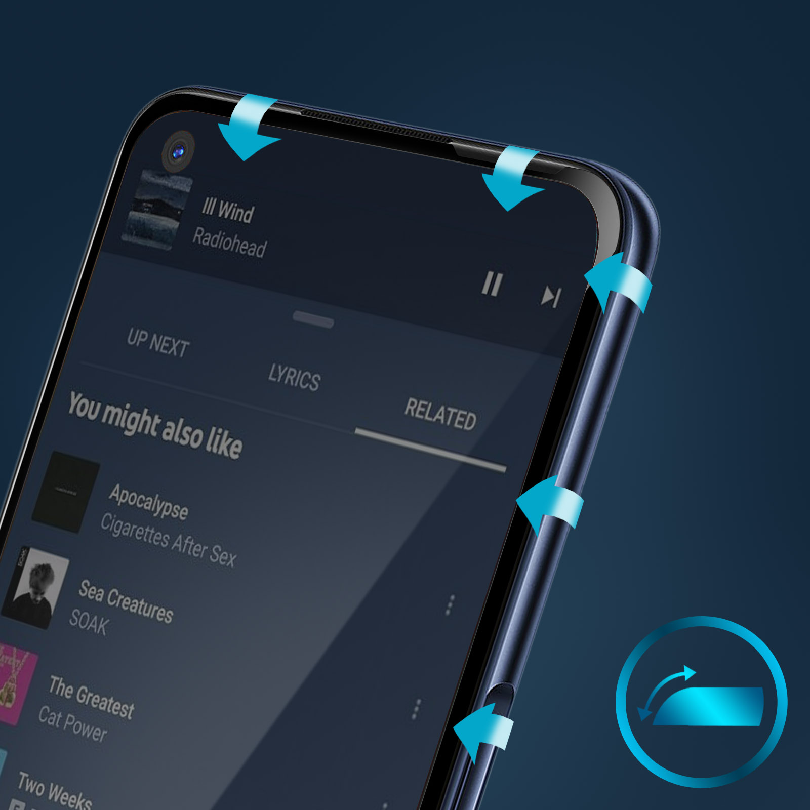 Smartphone che mostra un'app musicale con la canzone 'III Wind' dei Radiohead. Lo schermo mostra 'You might also like' e controlli.