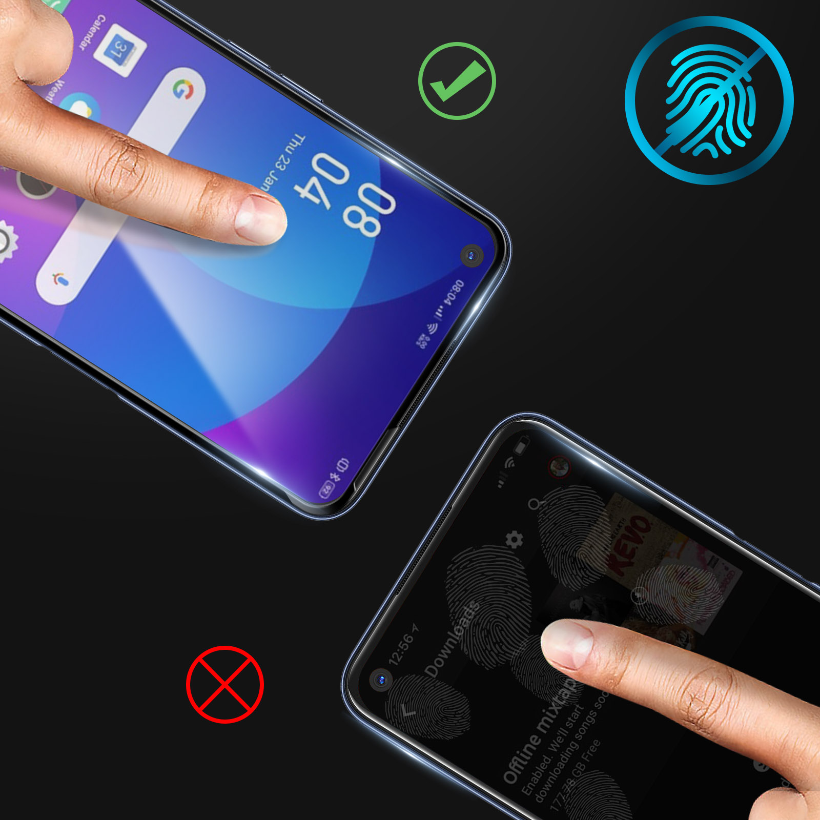 Sono mostrati due smartphone. Uno schermo mostra un calendario. L'altro ha una schermata di accesso con impronta digitale.