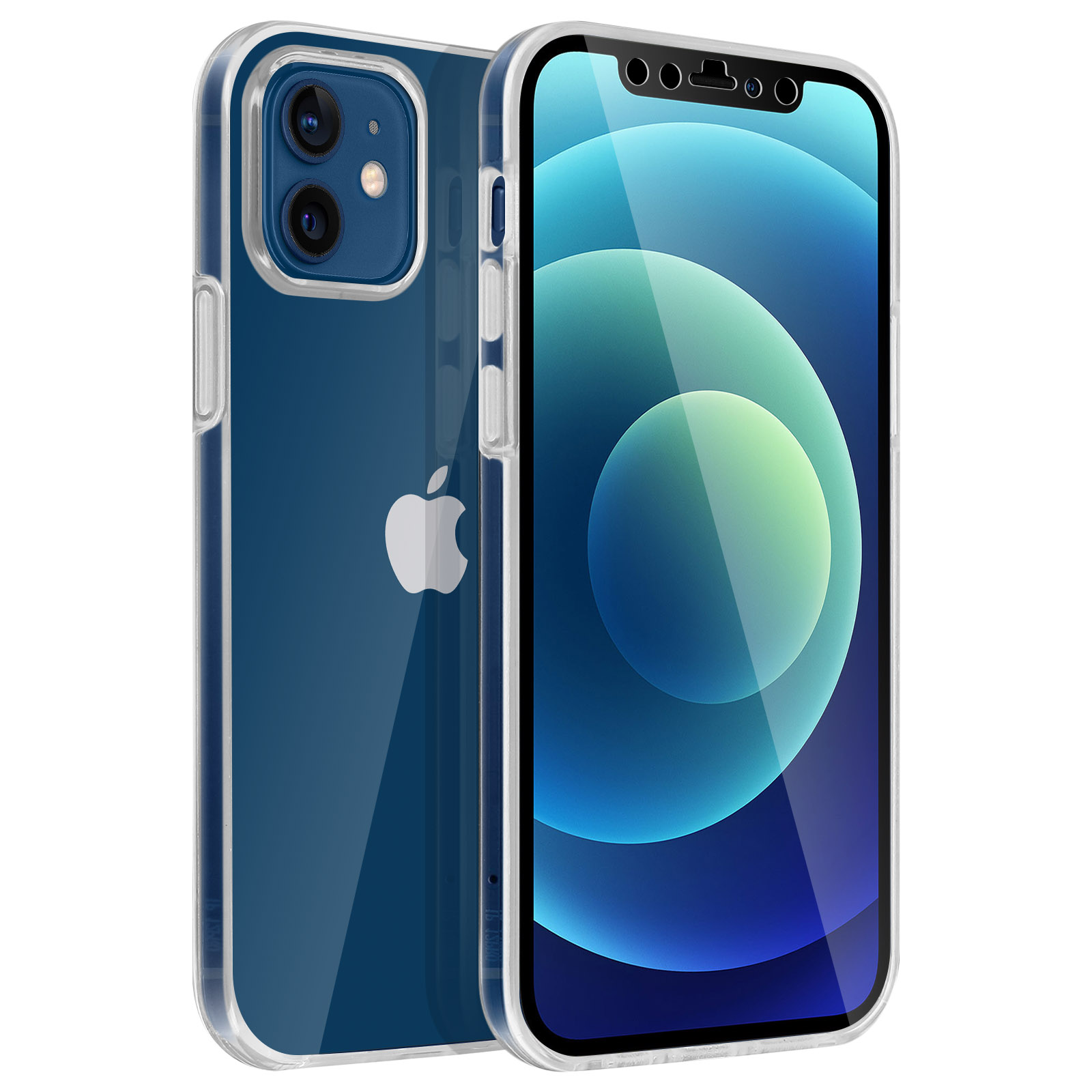 Een blauwe iPhone in een doorzichtige hoes. Tweede iPhone zichtbaar. Witte achtergrond.