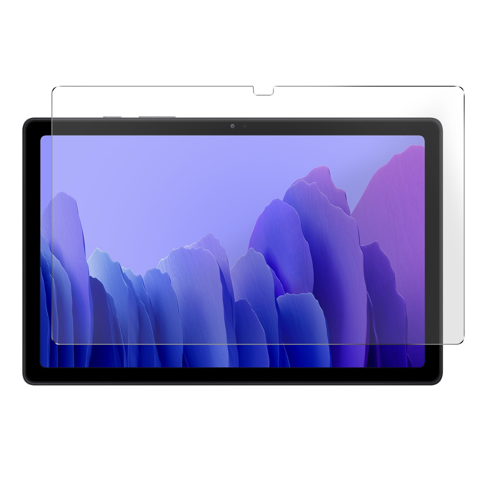 Tablet con protezione schermo. Il tablet ha uno schermo viola e una protezione schermo trasparente sopra.
