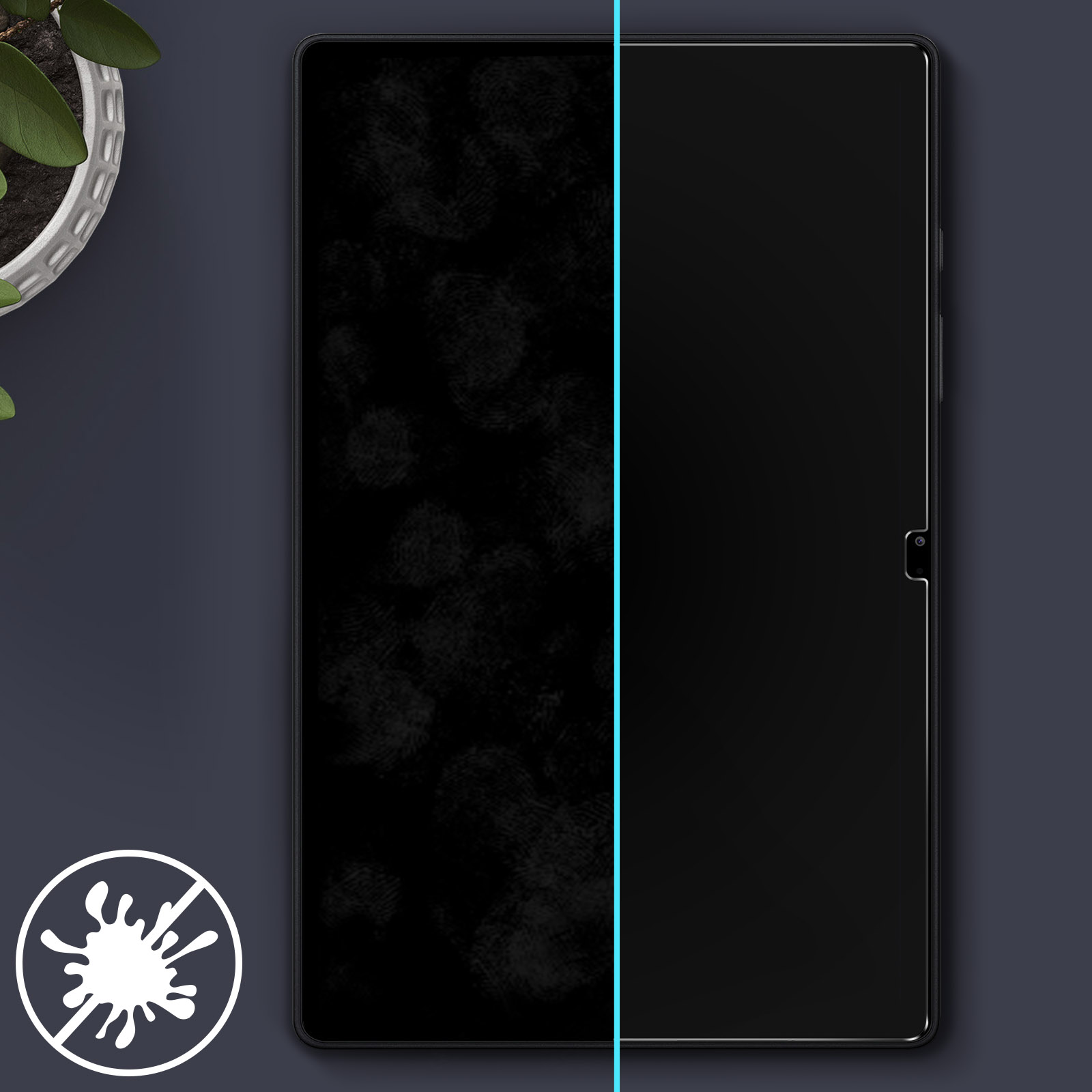 Un tablet nero con protezione schermo, metà con impronte, su una superficie scura.