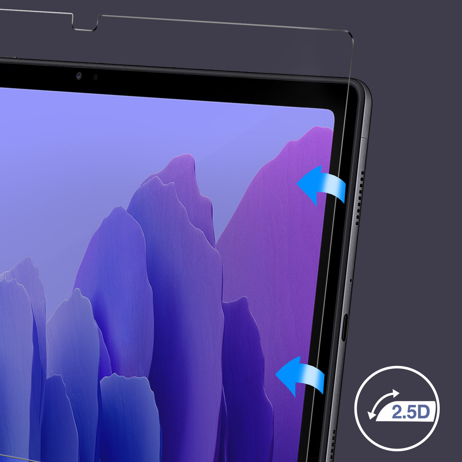 Un tablet con un proteggi schermo in fase di applicazione. Le frecce indicano il posizionamento della protezione.