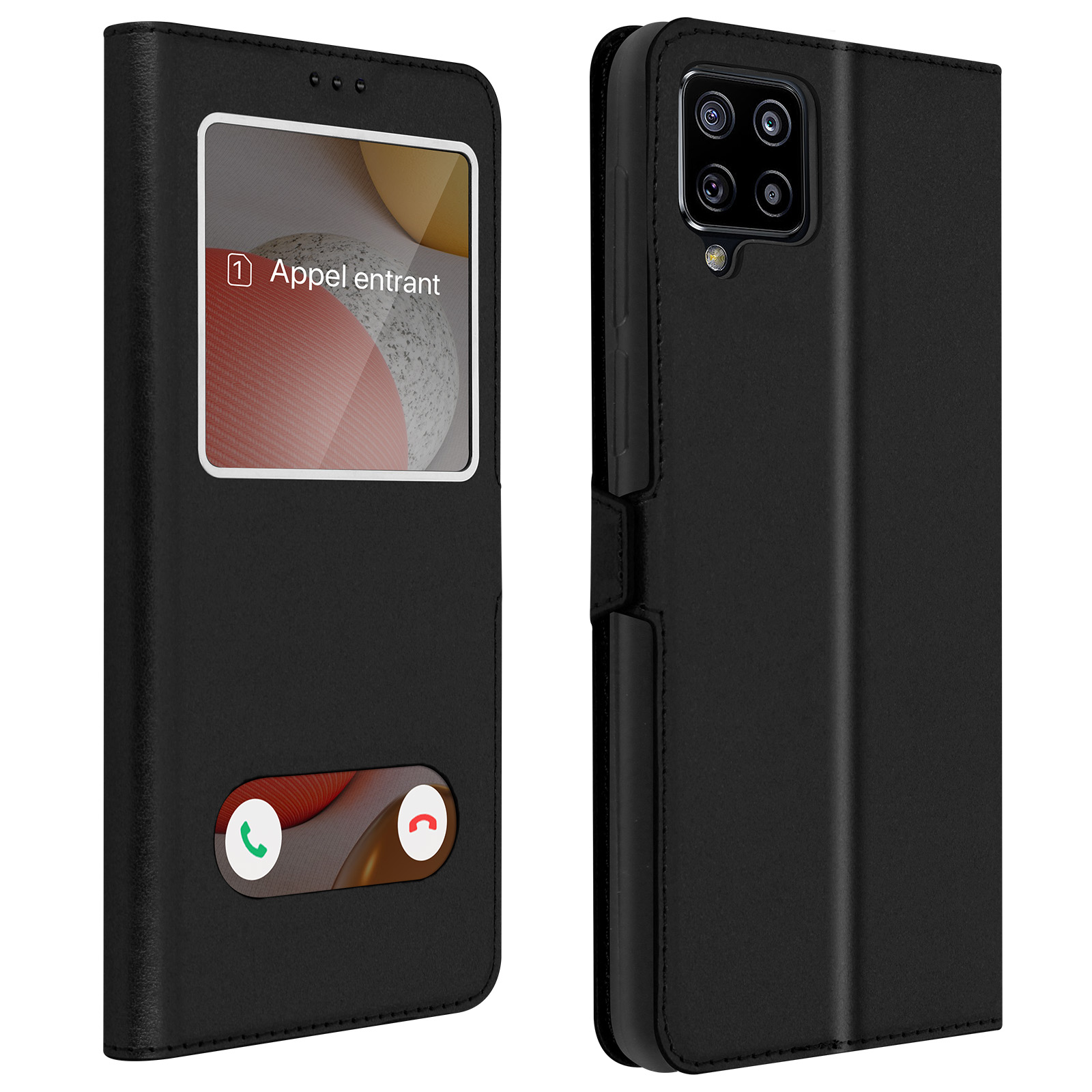 Twee aanzichten van een zwart telefoonhoesje. De voorkant heeft een venster met een melding van een inkomende oproep.