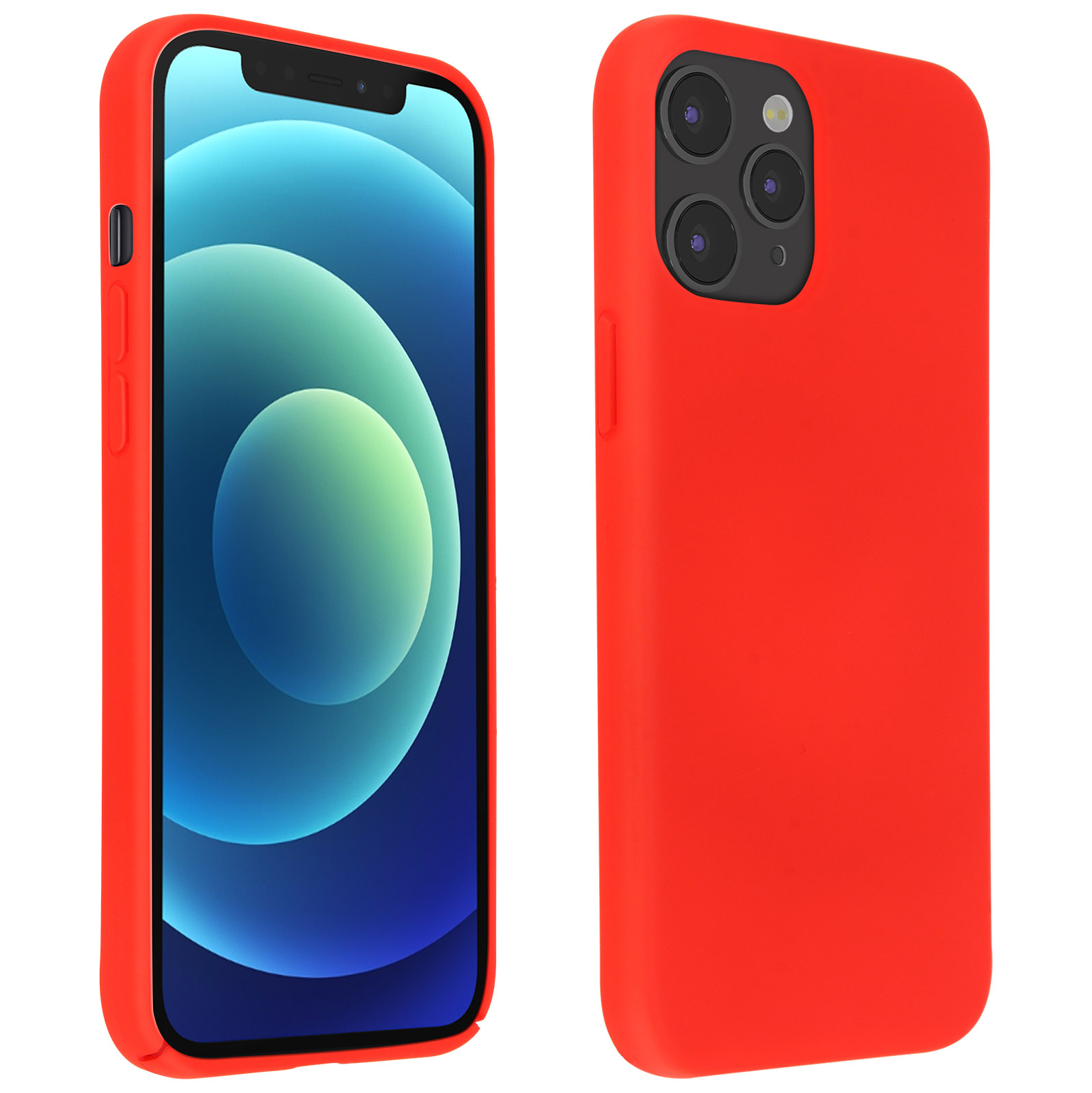 Rode telefoonhoes op een telefoon met een blauwe en witte achtergrond. De telefoon heeft een camera.