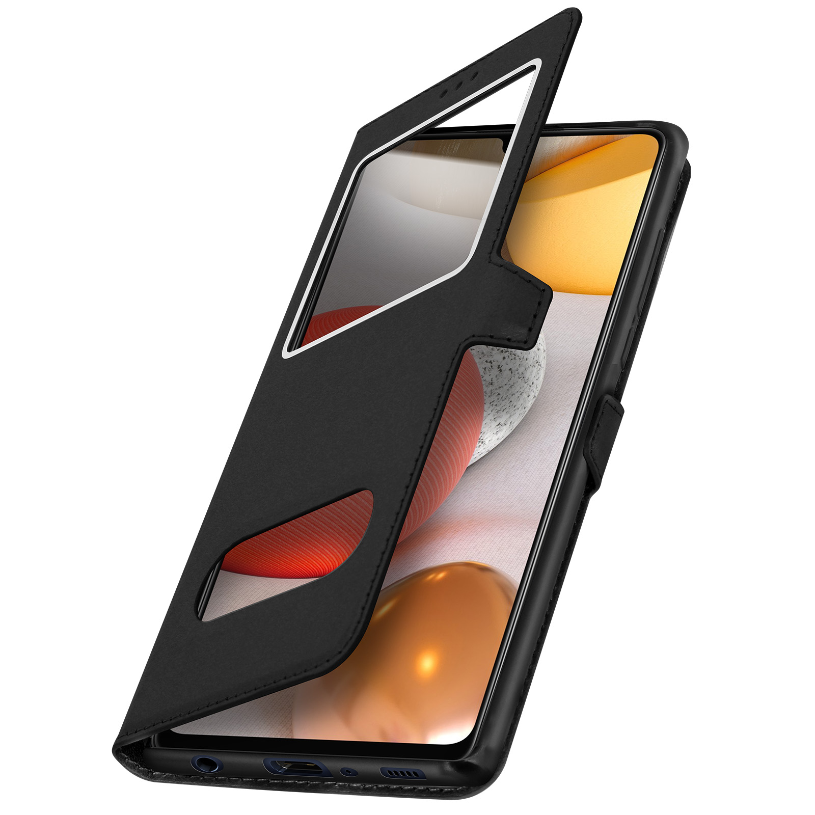 Zwarte telefoonhoes met open venster. Telefoonscherm zichtbaar binnenin.