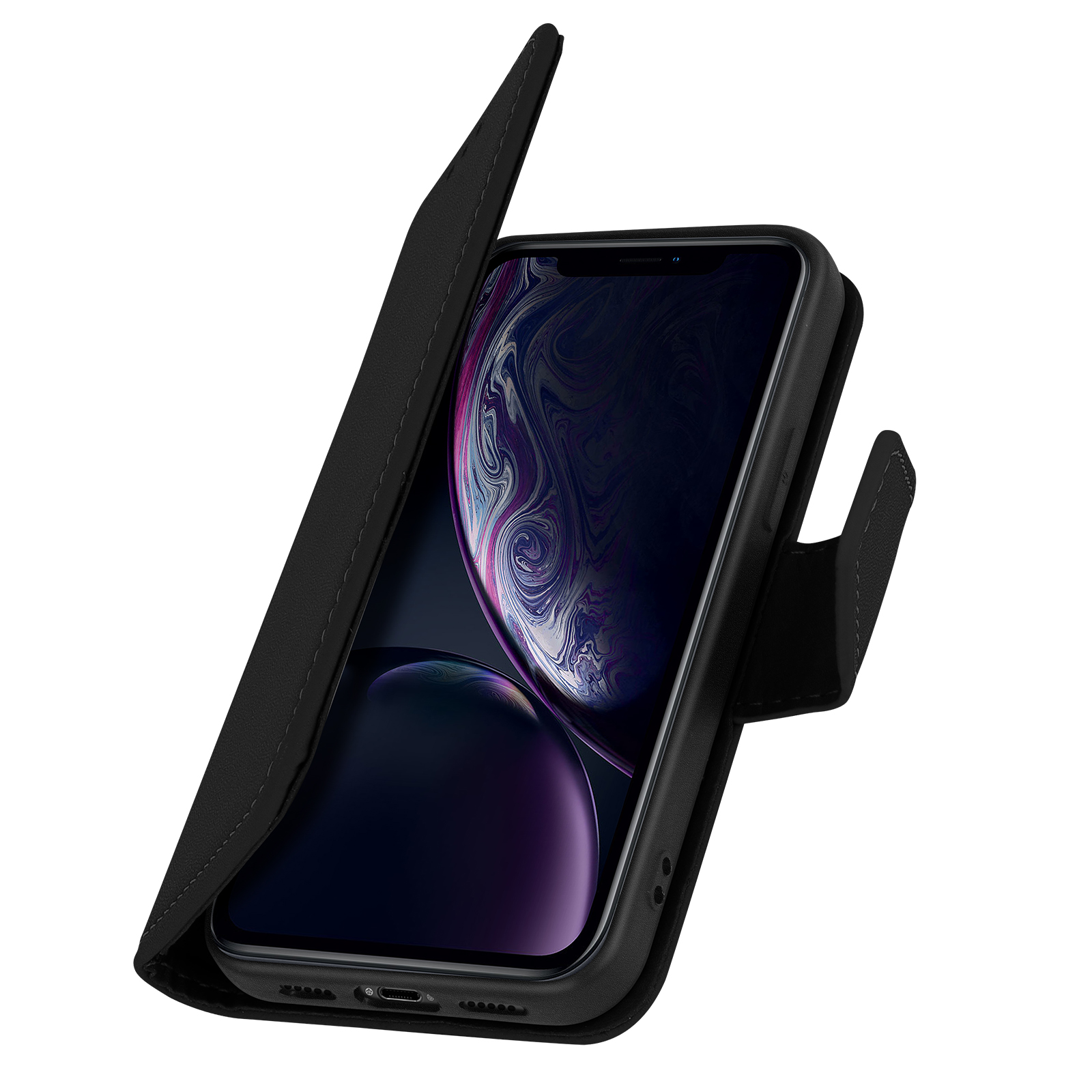 Telefono nero in custodia di pelle nera, parzialmente aperto, che mostra lo schermo.