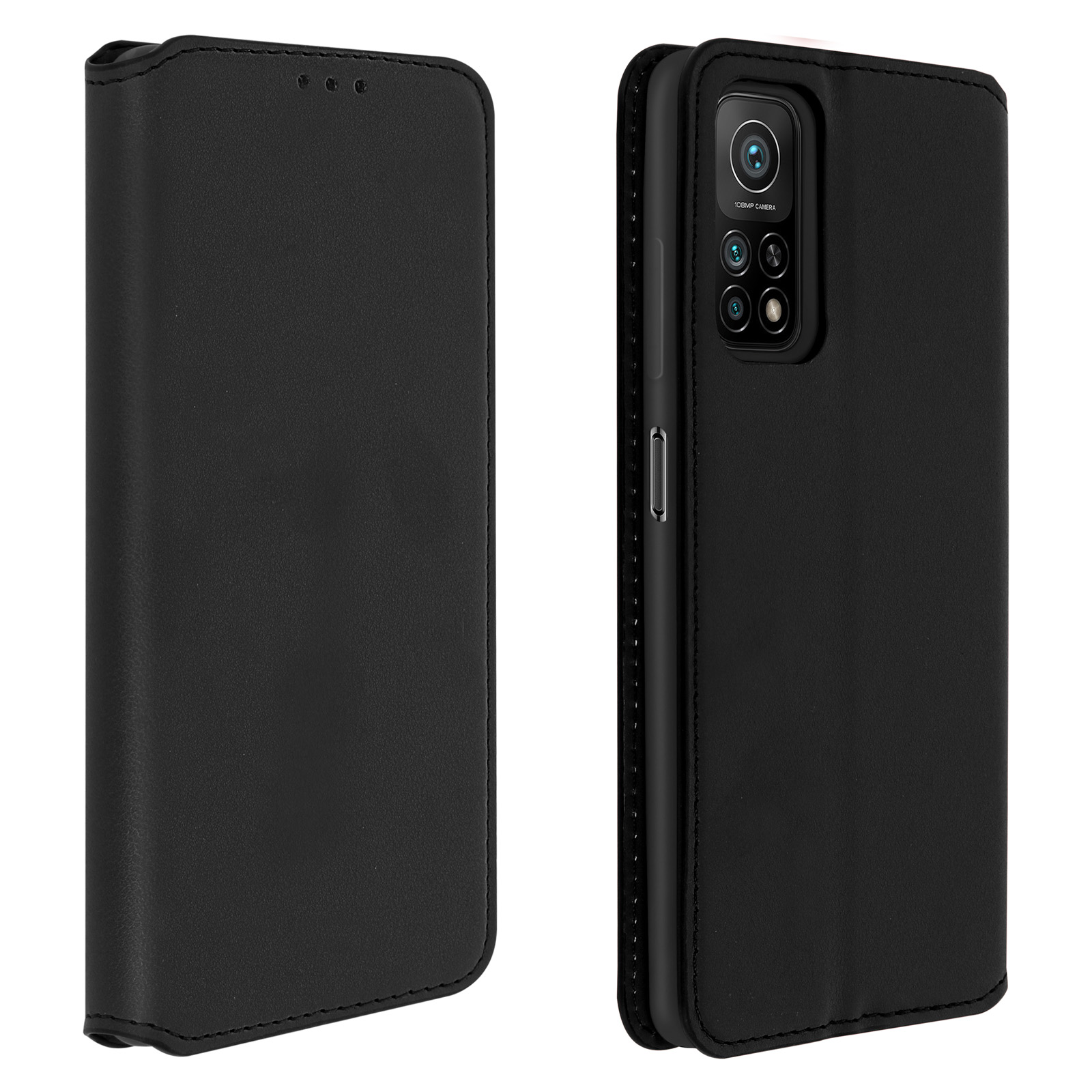 Zwarte telefoonhoes, open en dicht. Het is een book-style hoes. De telefoon heeft een cameramodule.