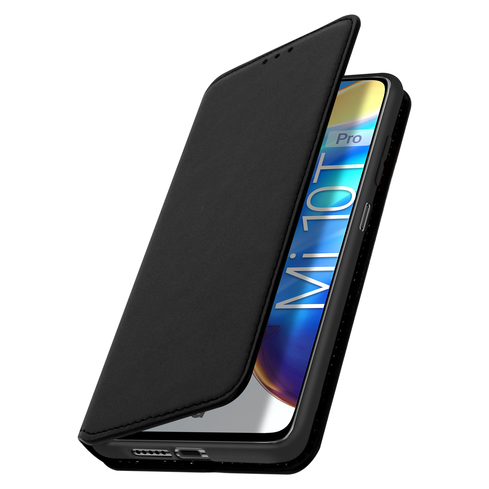 Zwarte telefoonhoes open, met een telefoon, met Mi 10T Pro tekst.
