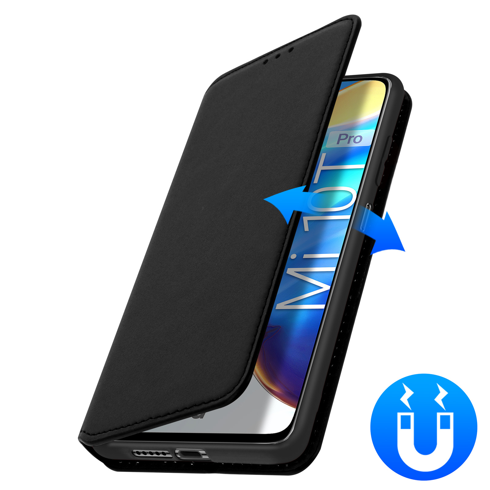 Zwarte telefoonhoes met open klep, toont telefoon, met magnetisch icoon.
