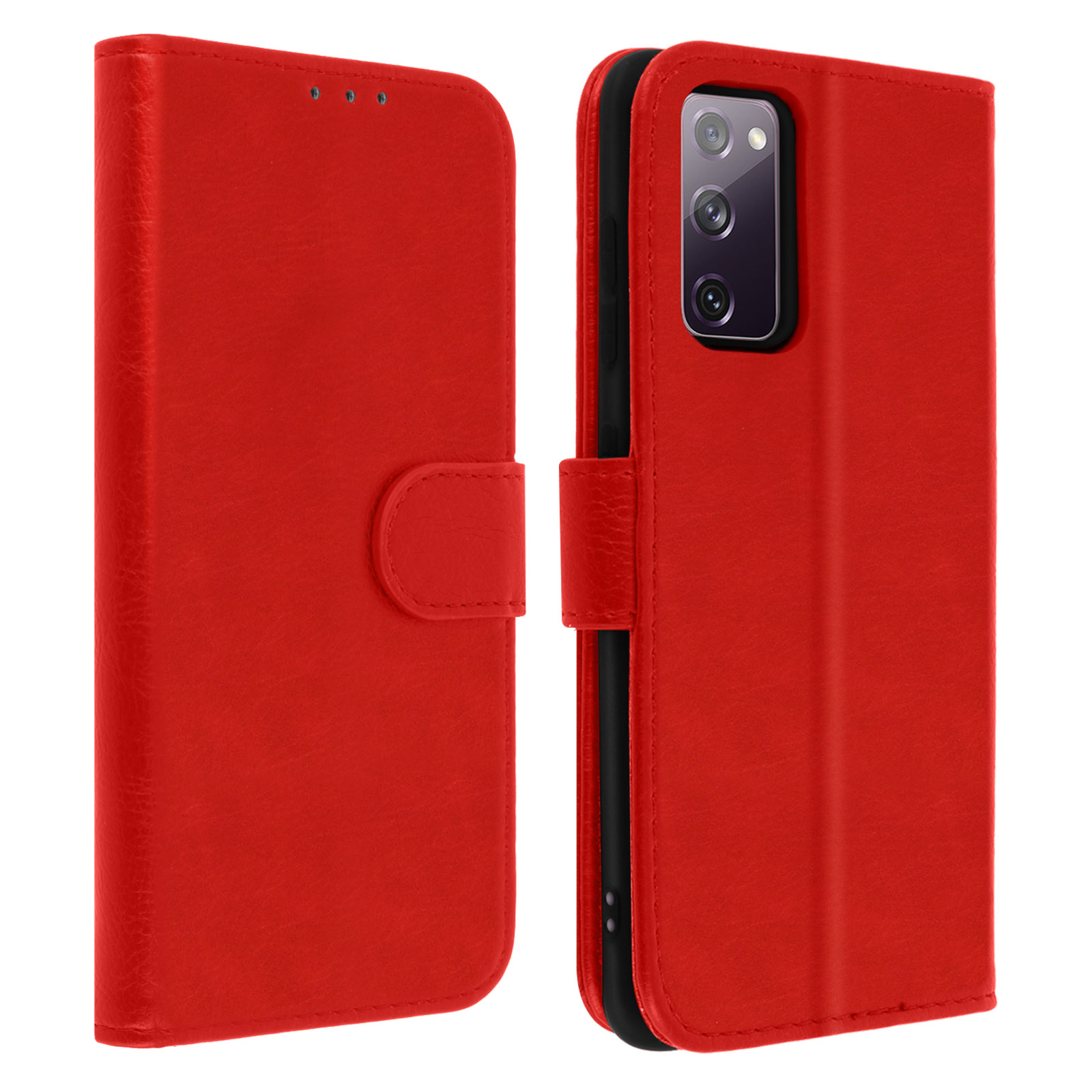 Étui de téléphone rouge avec téléphone à l'intérieur. Étui fermé, avec fermoir.