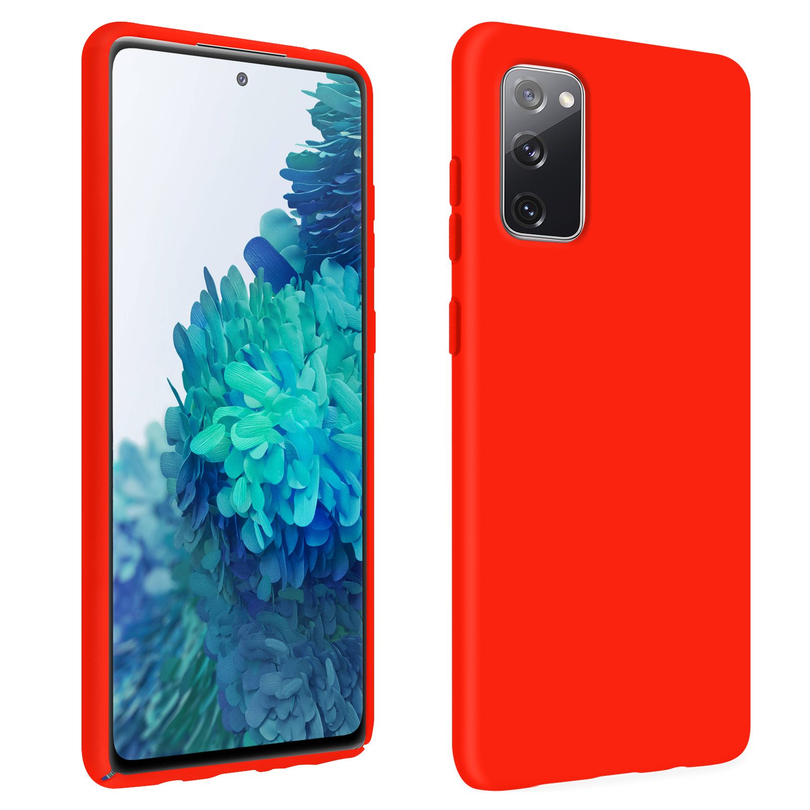 Coque de téléphone rouge sur un téléphone, montrant l'écran et l'arrière.