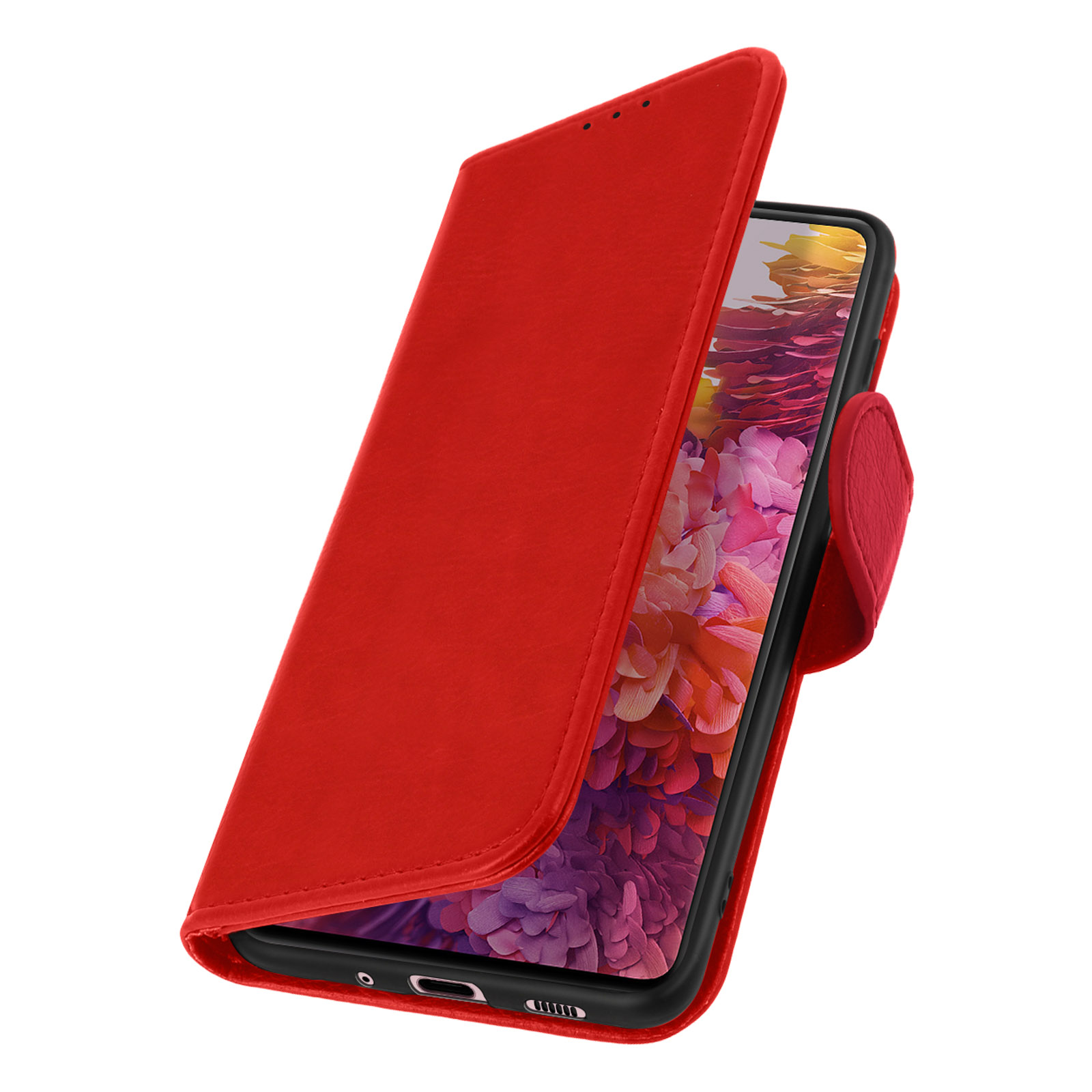 Étui de téléphone rouge avec un couvercle ouvert. Le téléphone est visible à l'intérieur.