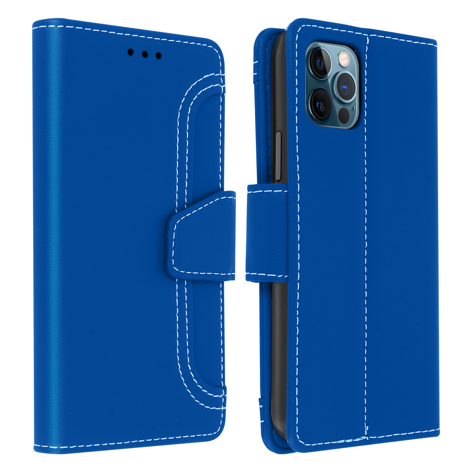 Een blauwe telefoonhoes met witte stiksels. Open, onthult de telefoon.